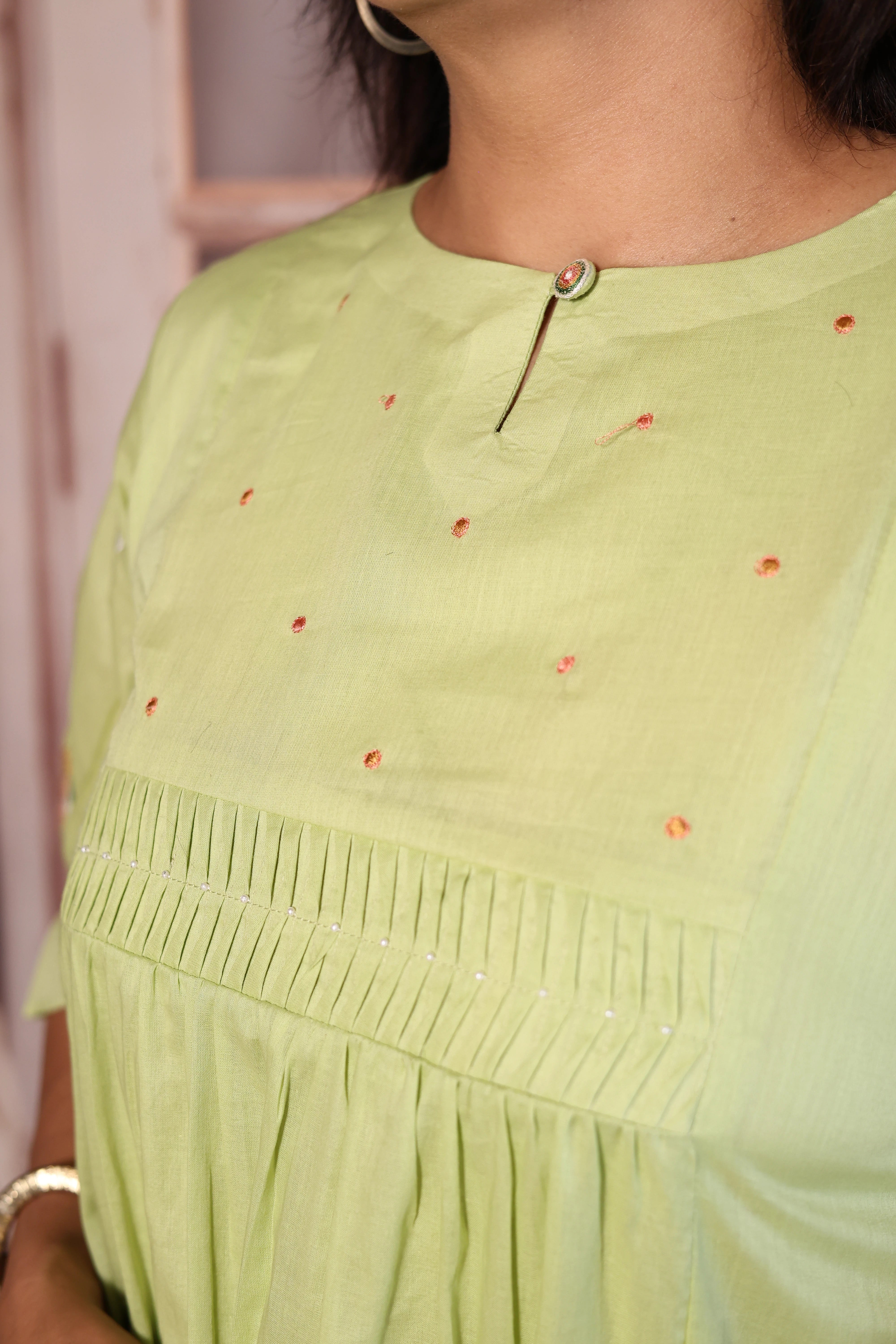 Light Green Pearl & Thread Embroidered One Piece Dress | Pure Mul Mul Elegance