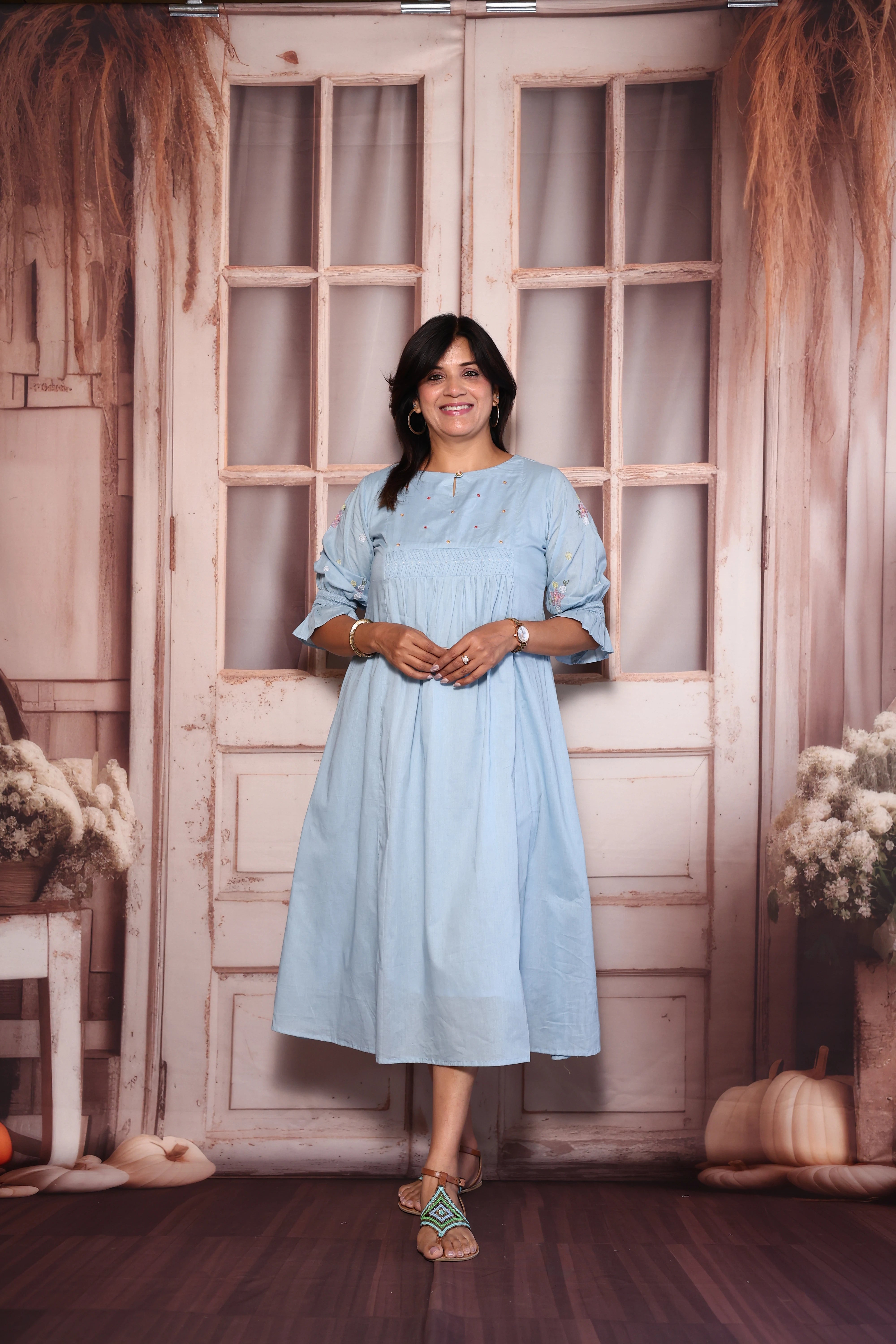 Light Blue Pearl & Thread Embroidered One Piece Dress | Pure Mul Mul Elegance