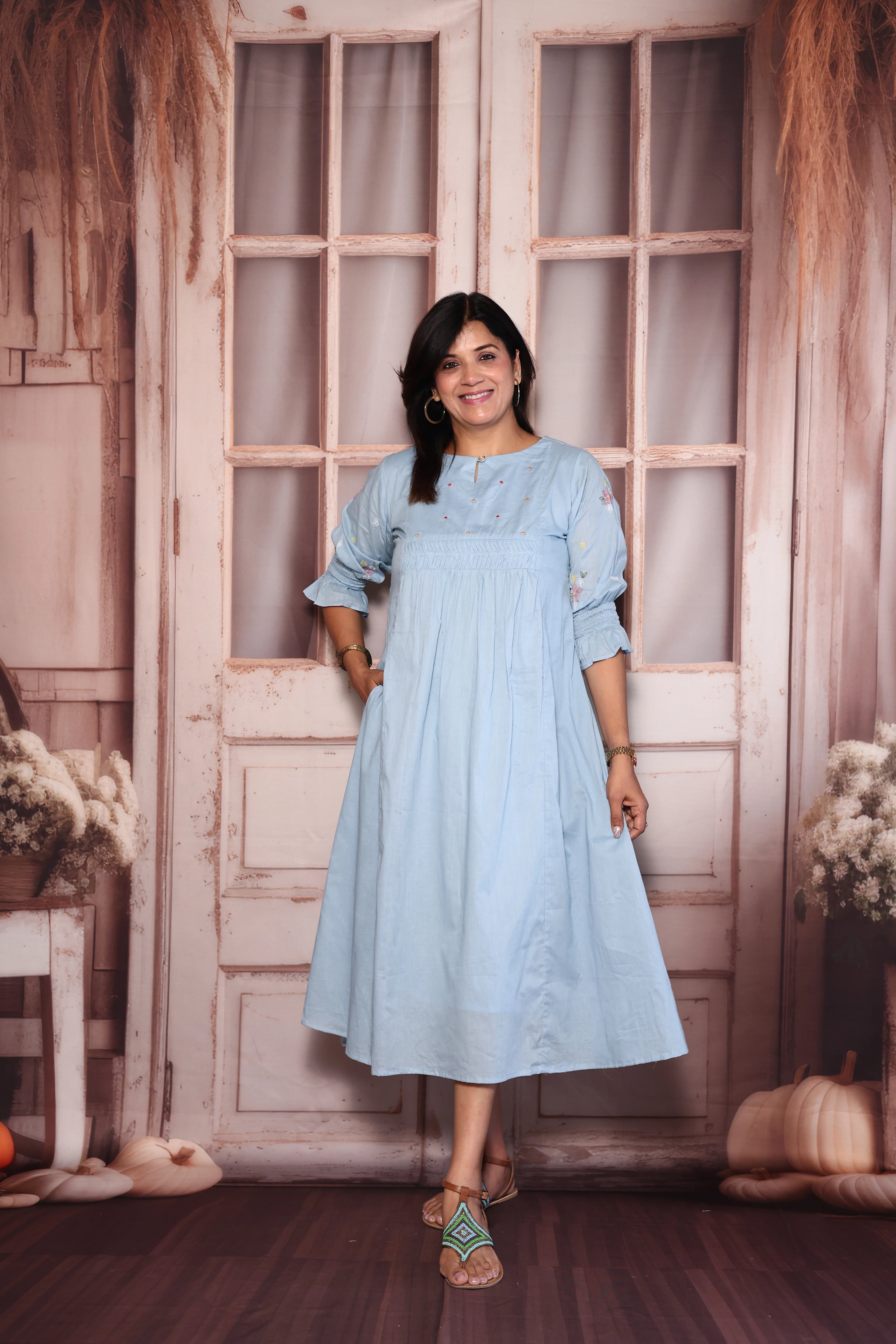 Light Blue Pearl & Thread Embroidered One Piece Dress | Pure Mul Mul Elegance