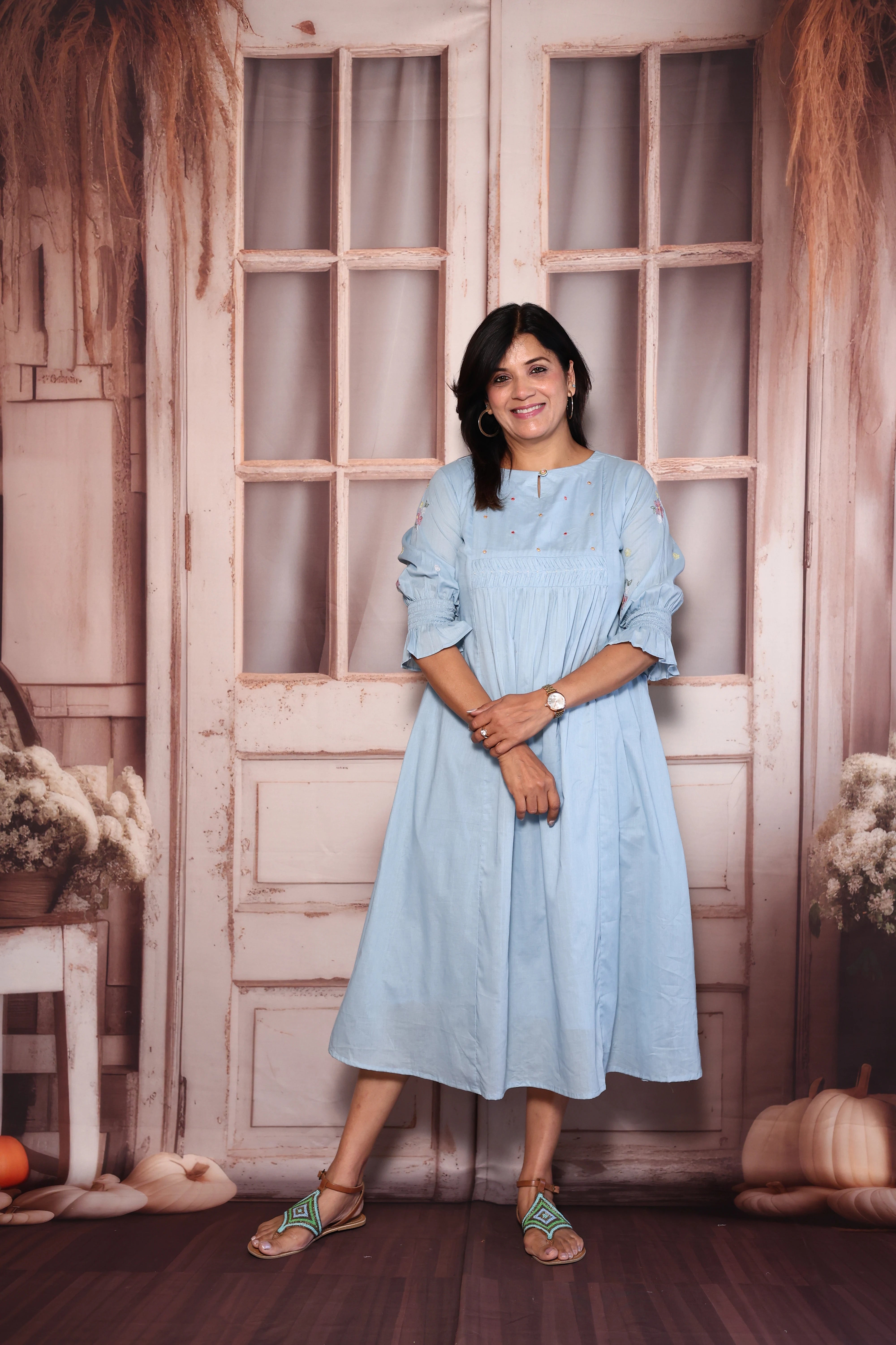 Light Blue Pearl & Thread Embroidered One Piece Dress | Pure Mul Mul Elegance