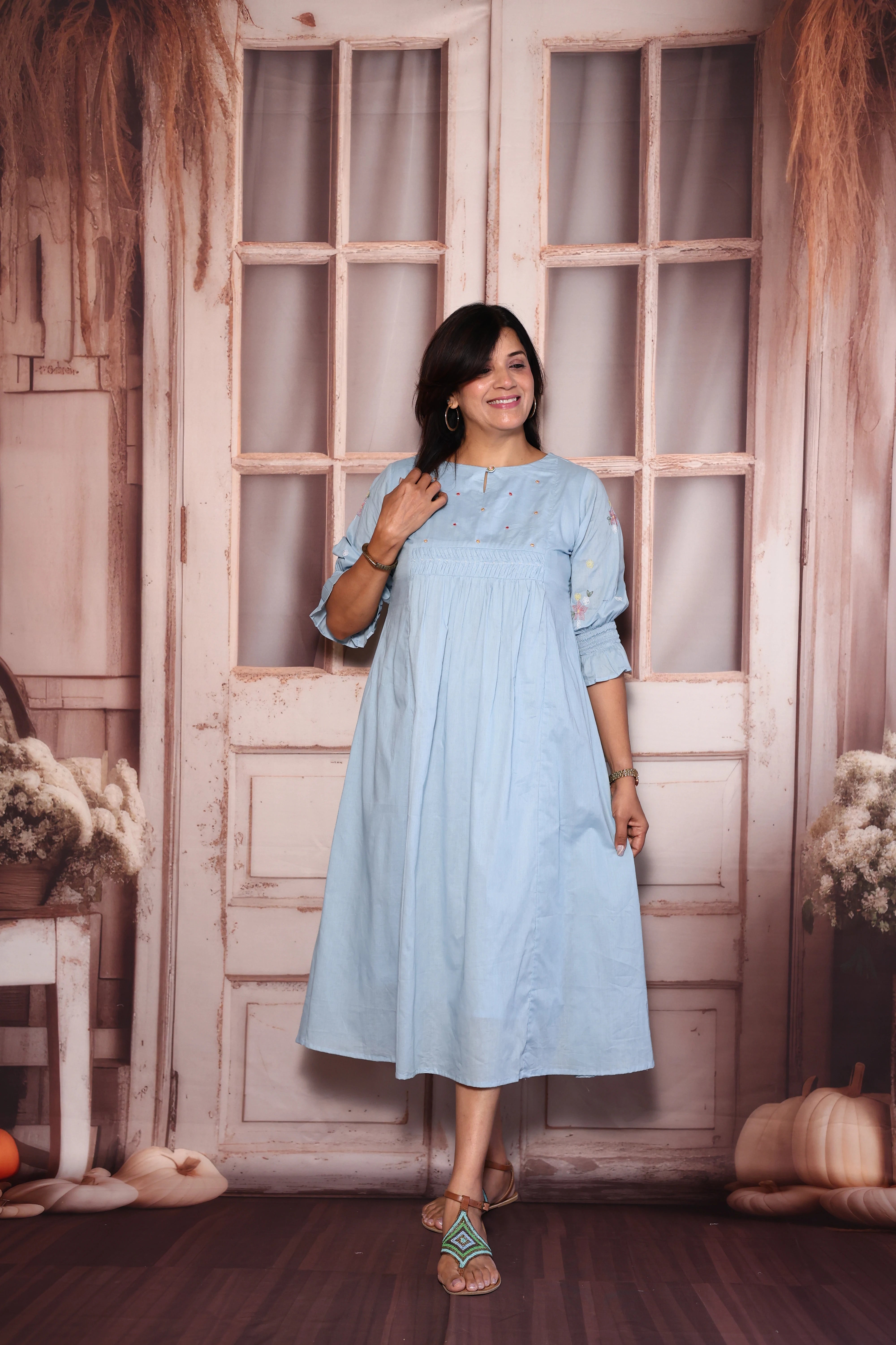 Light Blue Pearl & Thread Embroidered One Piece Dress | Pure Mul Mul Elegance