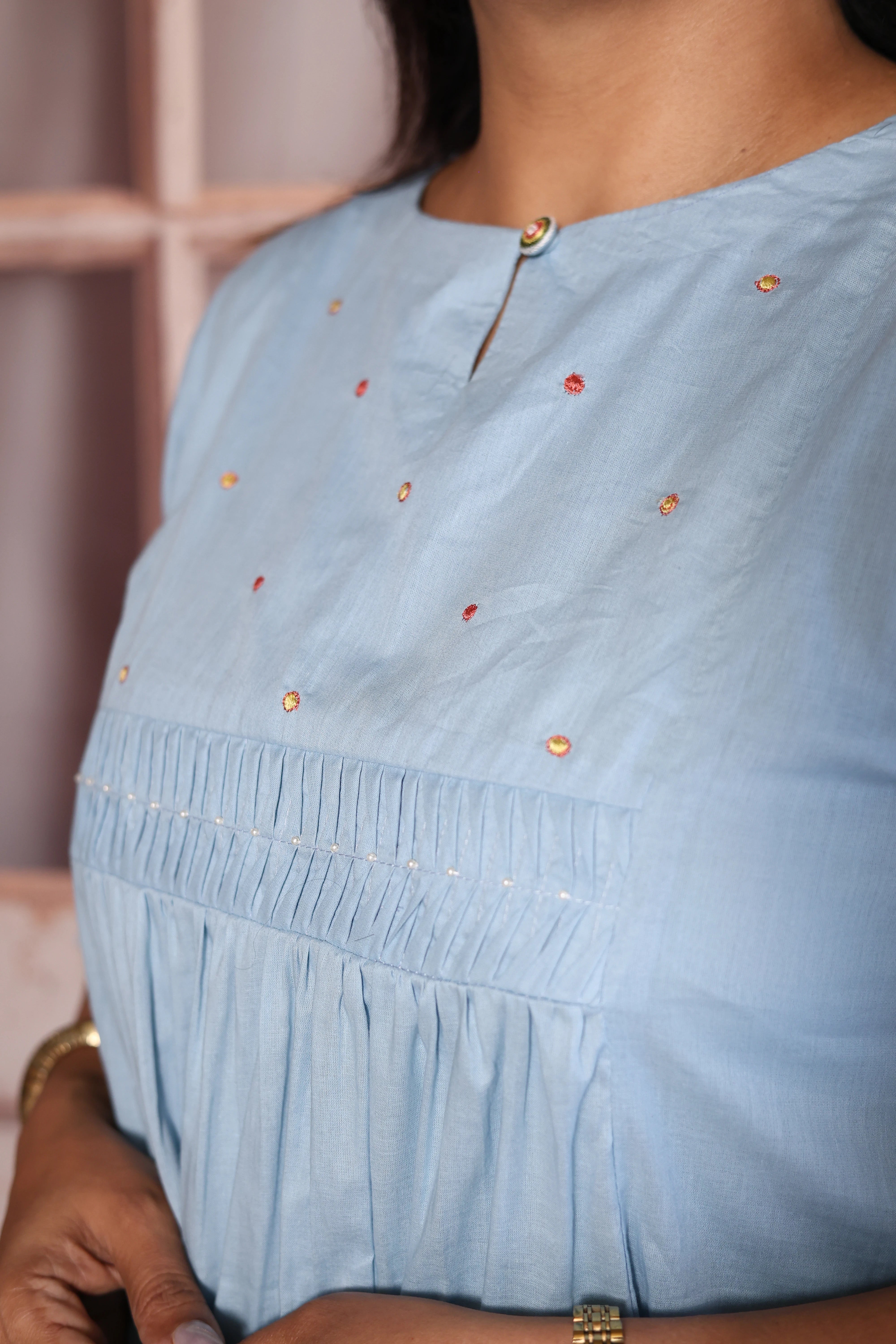 Light Blue Pearl & Thread Embroidered One Piece Dress | Pure Mul Mul Elegance