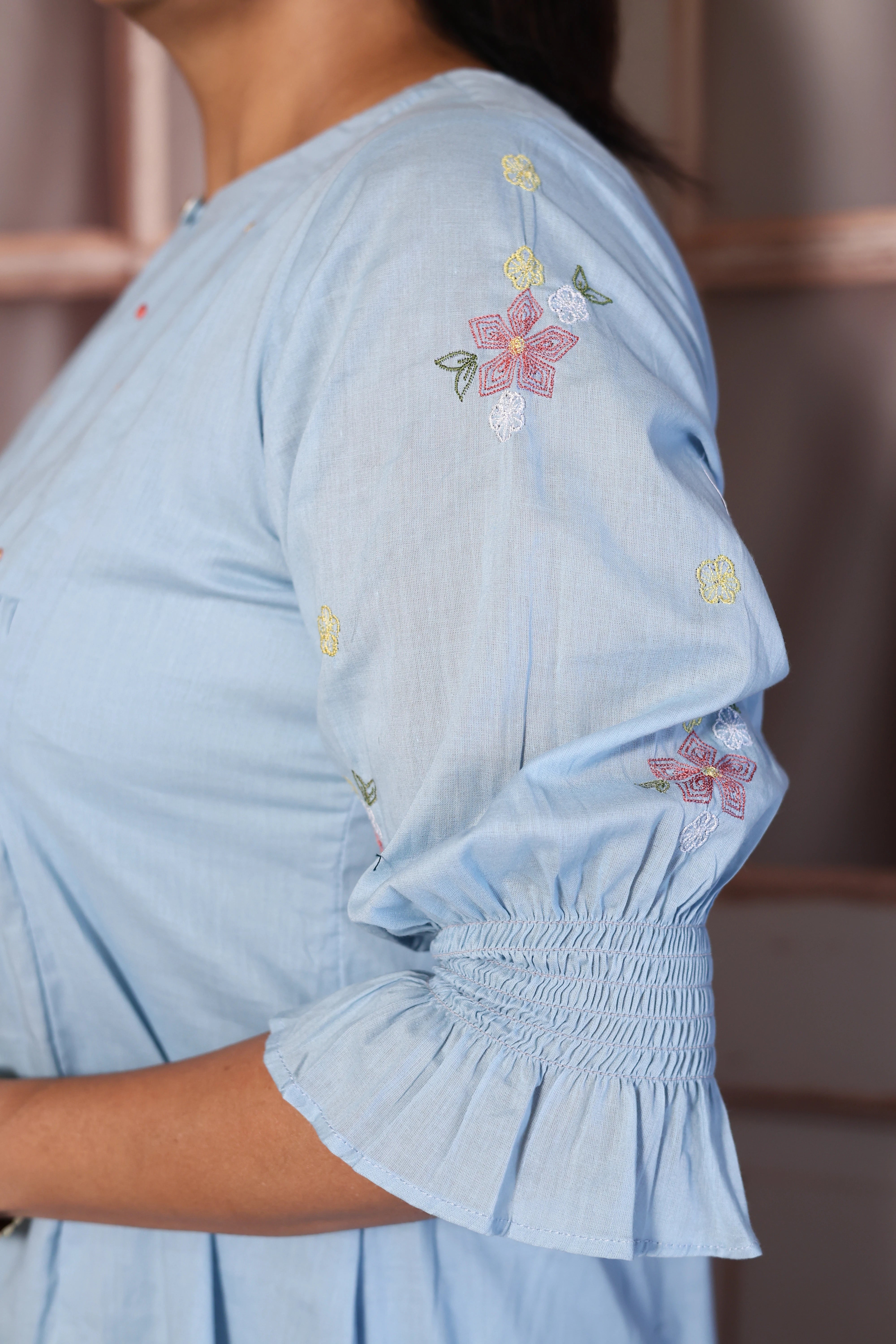 Light Blue Pearl & Thread Embroidered One Piece Dress | Pure Mul Mul Elegance