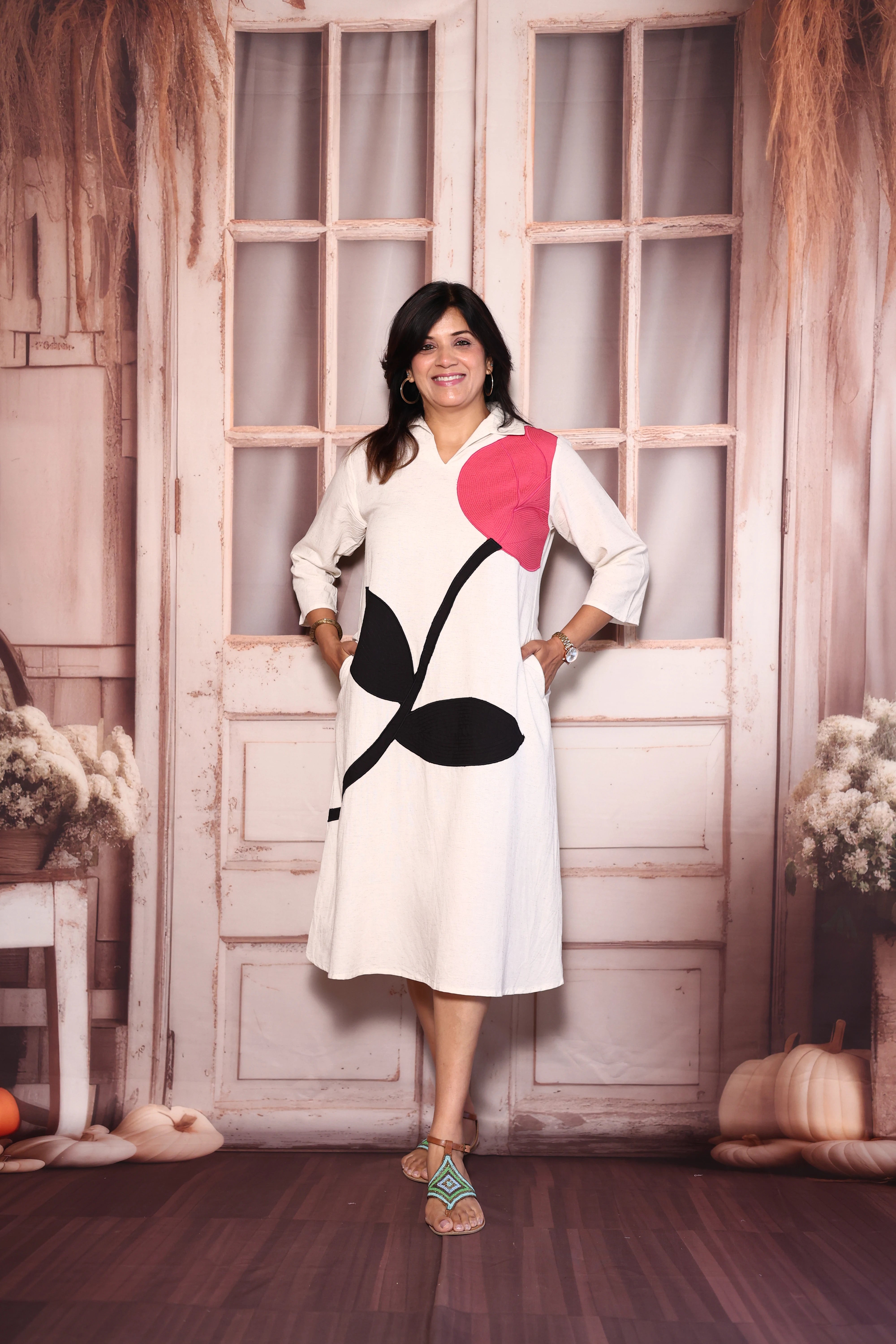 Off White Appliqué Work One Piece Dress | Cotton Flex Elegant Casual Wear