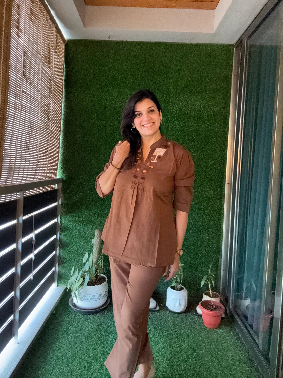 Dark Brown Yoke Thread Embroidery Co-Ord Set | Soft Cotton