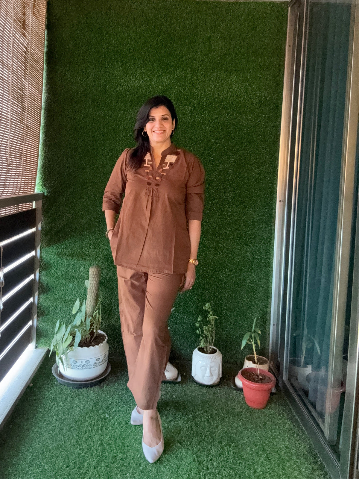 Dark Brown Yoke Thread Embroidery Co-Ord Set | Soft Cotton