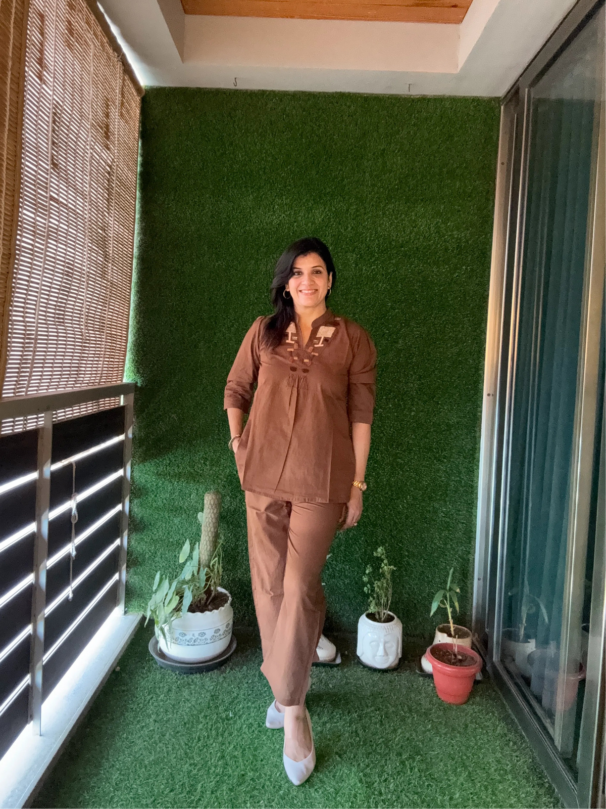 Dark Brown Yoke Thread Embroidery Co-Ord Set | Soft Cotton