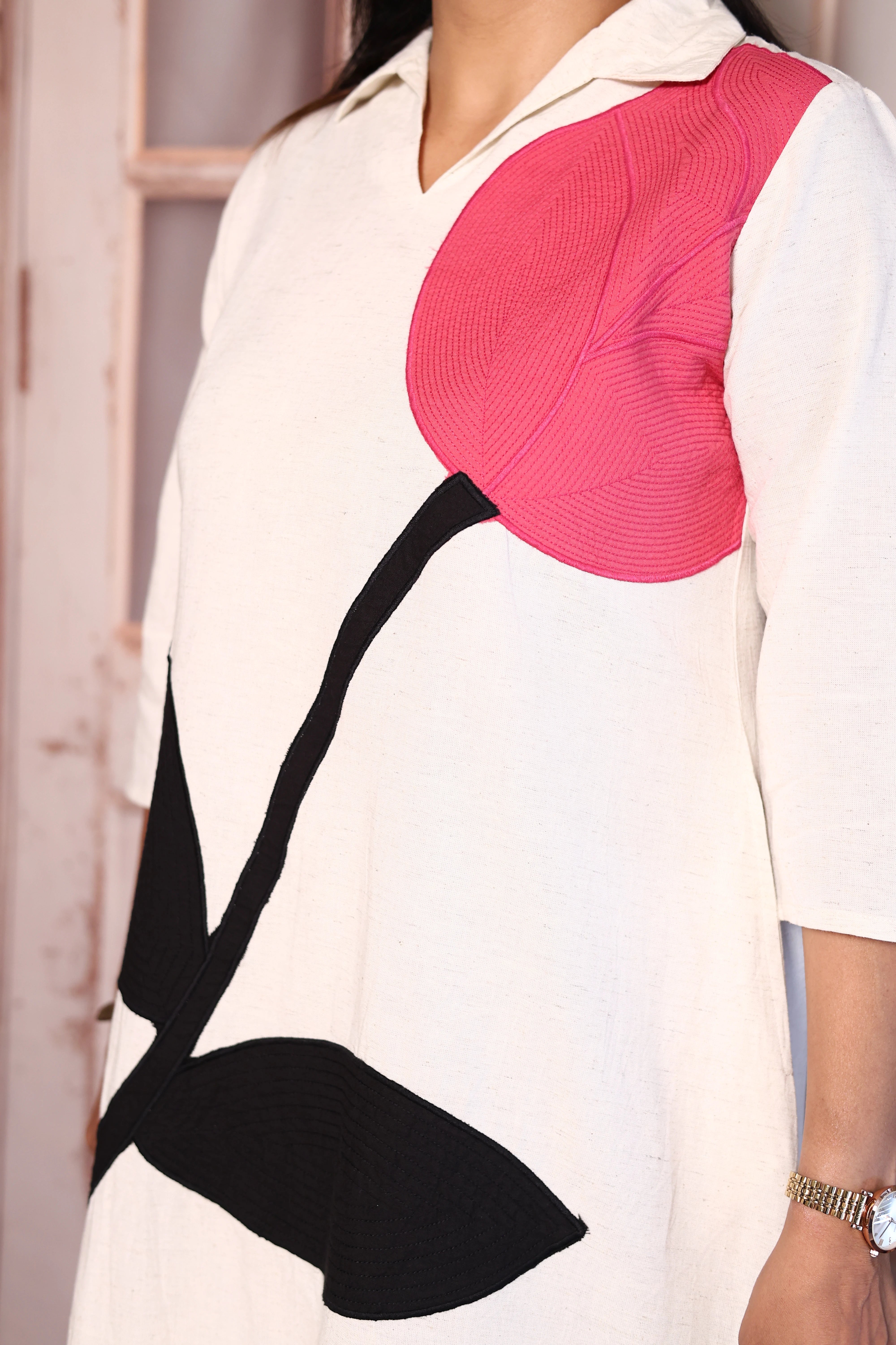 Off White Appliqué Work One Piece Dress | Cotton Flex Elegant Casual Wear