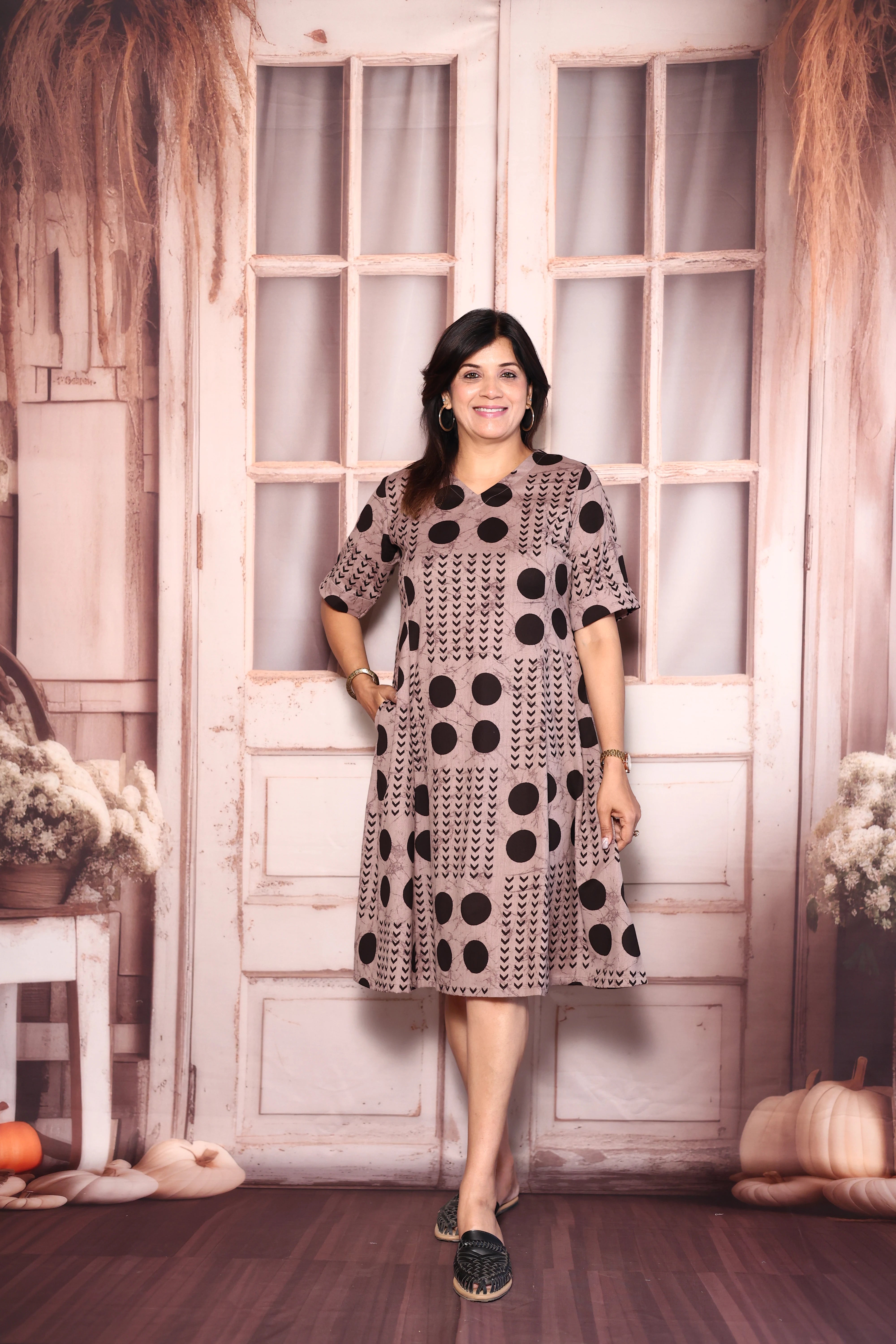Reddish Grey Polka Dot Print One Piece Dress | Cotton Casual Wear