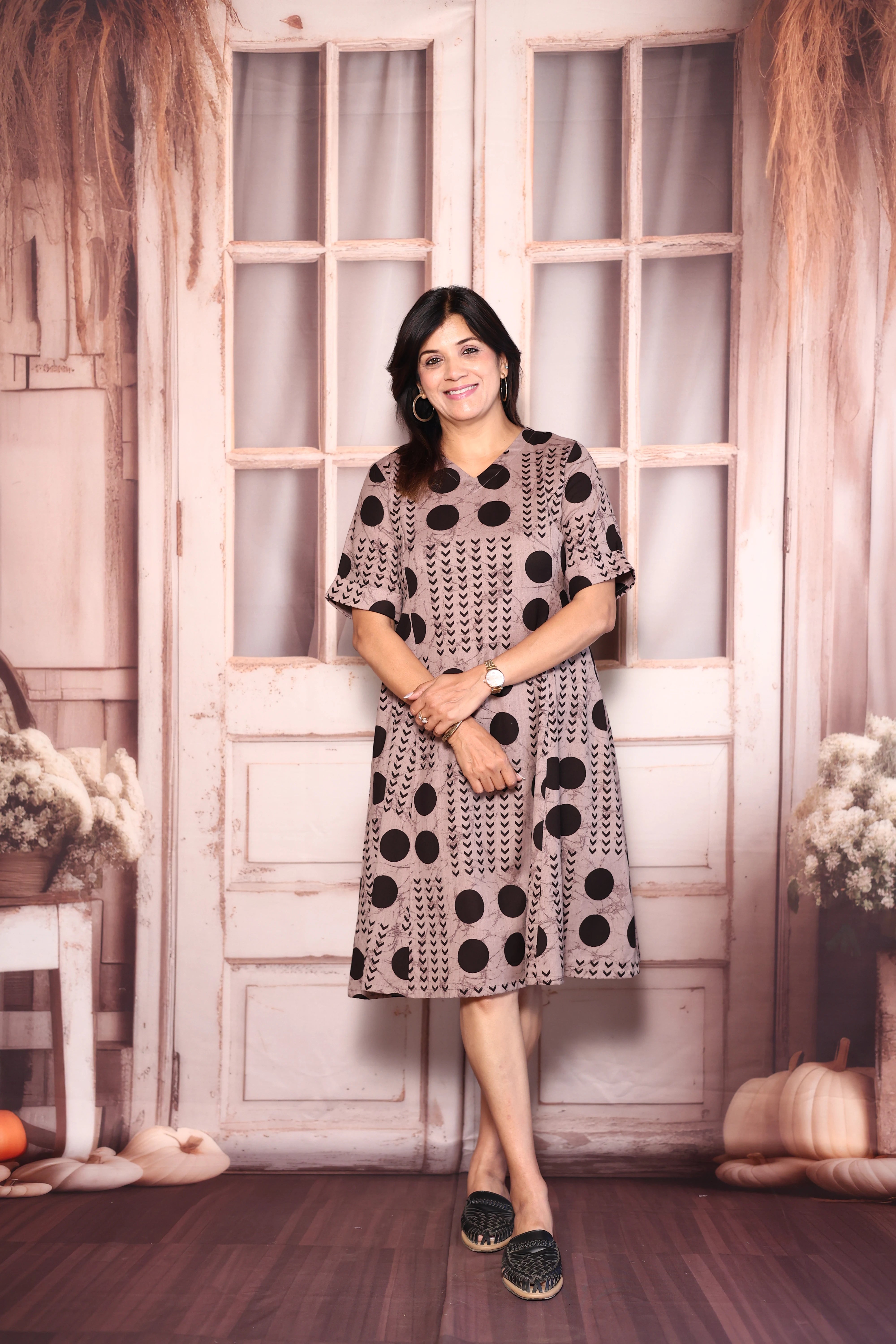Reddish Grey Polka Dot Print One Piece Dress | Cotton Casual Wear