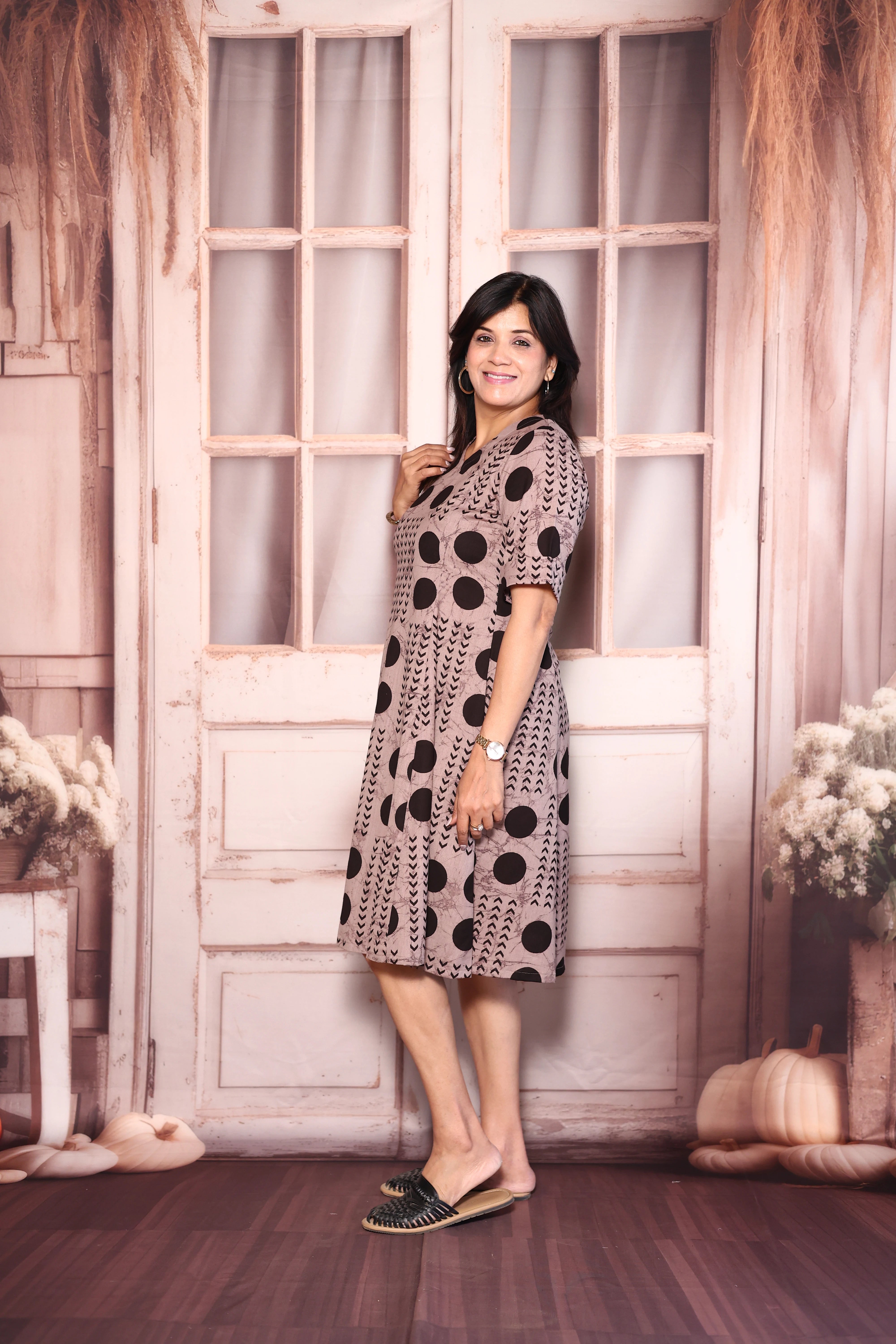 Reddish Grey Polka Dot Print One Piece Dress | Cotton Casual Wear