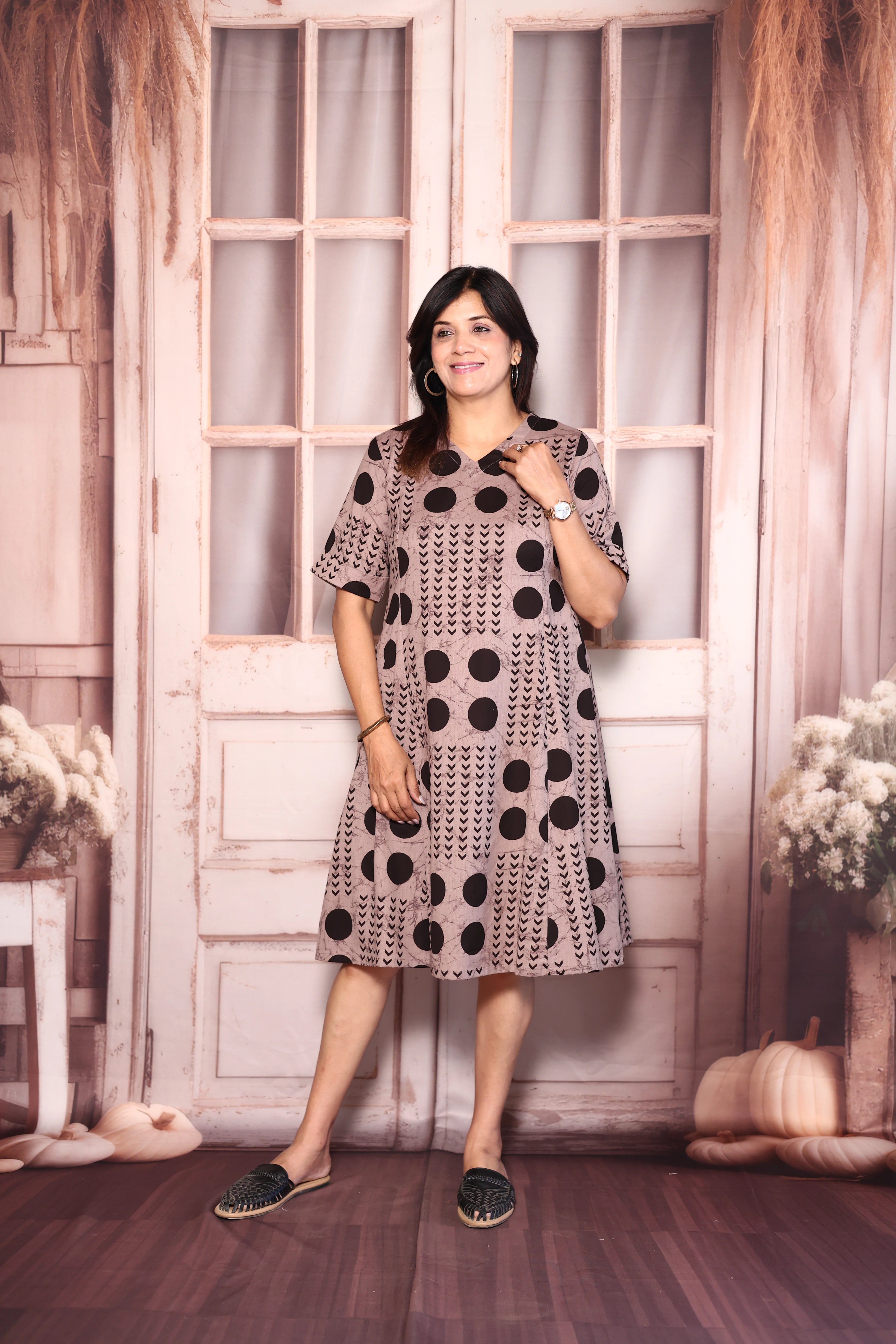 Reddish Grey Polka Dot Print One Piece Dress | Cotton Casual Wear