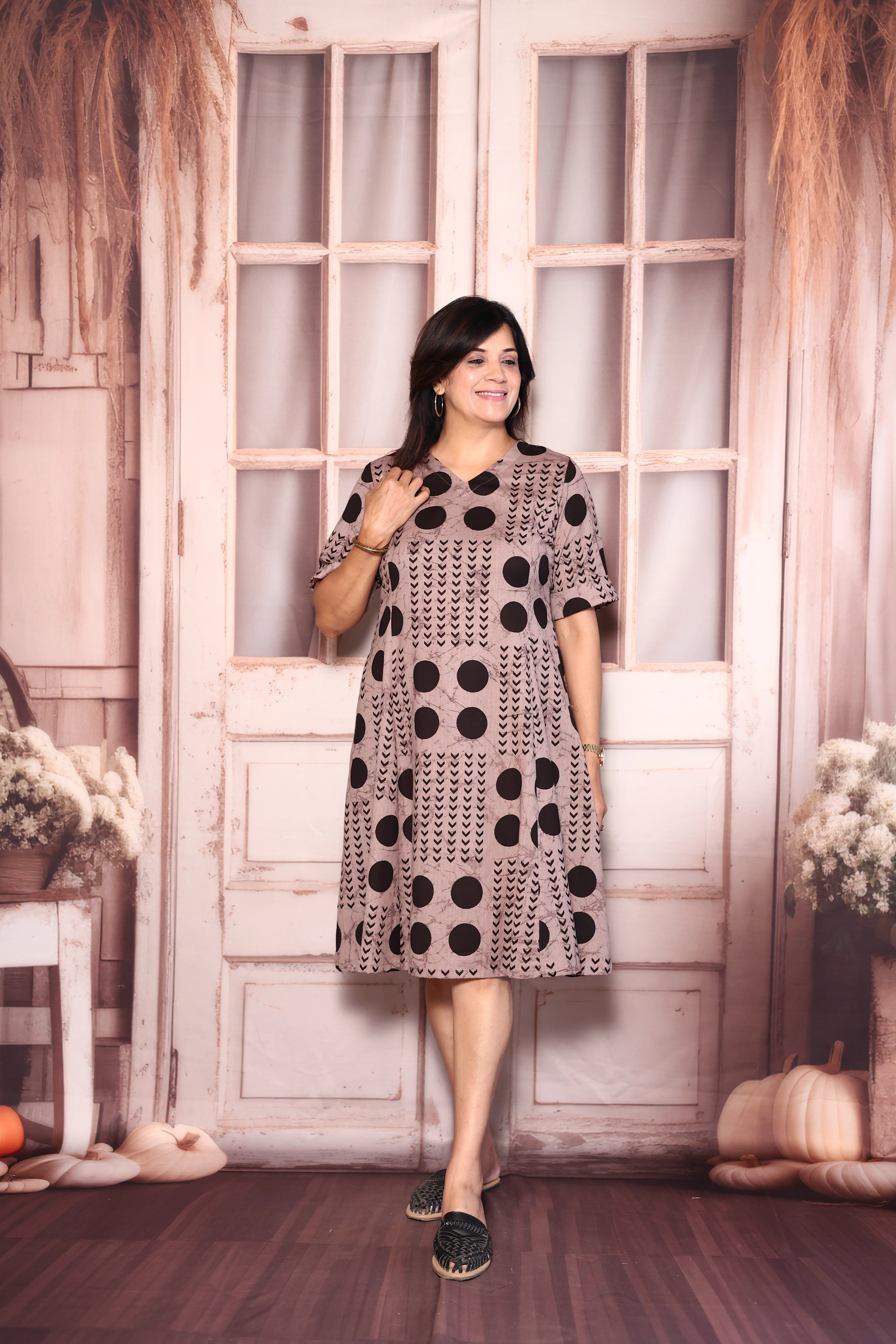 Reddish Grey Polka Dot Print One Piece Dress | Cotton Casual Wear