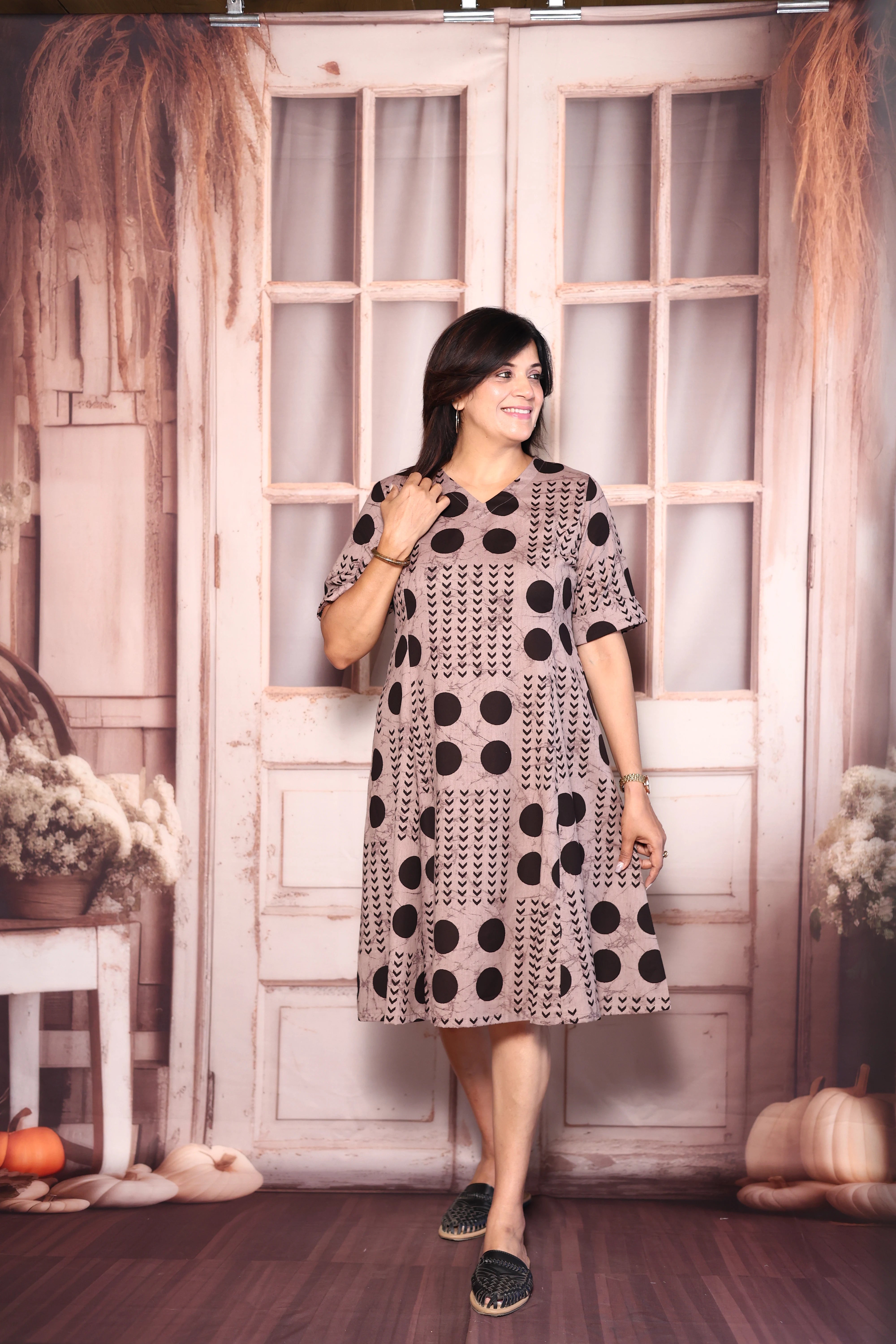 Reddish Grey Polka Dot Print One Piece Dress | Cotton Casual Wear