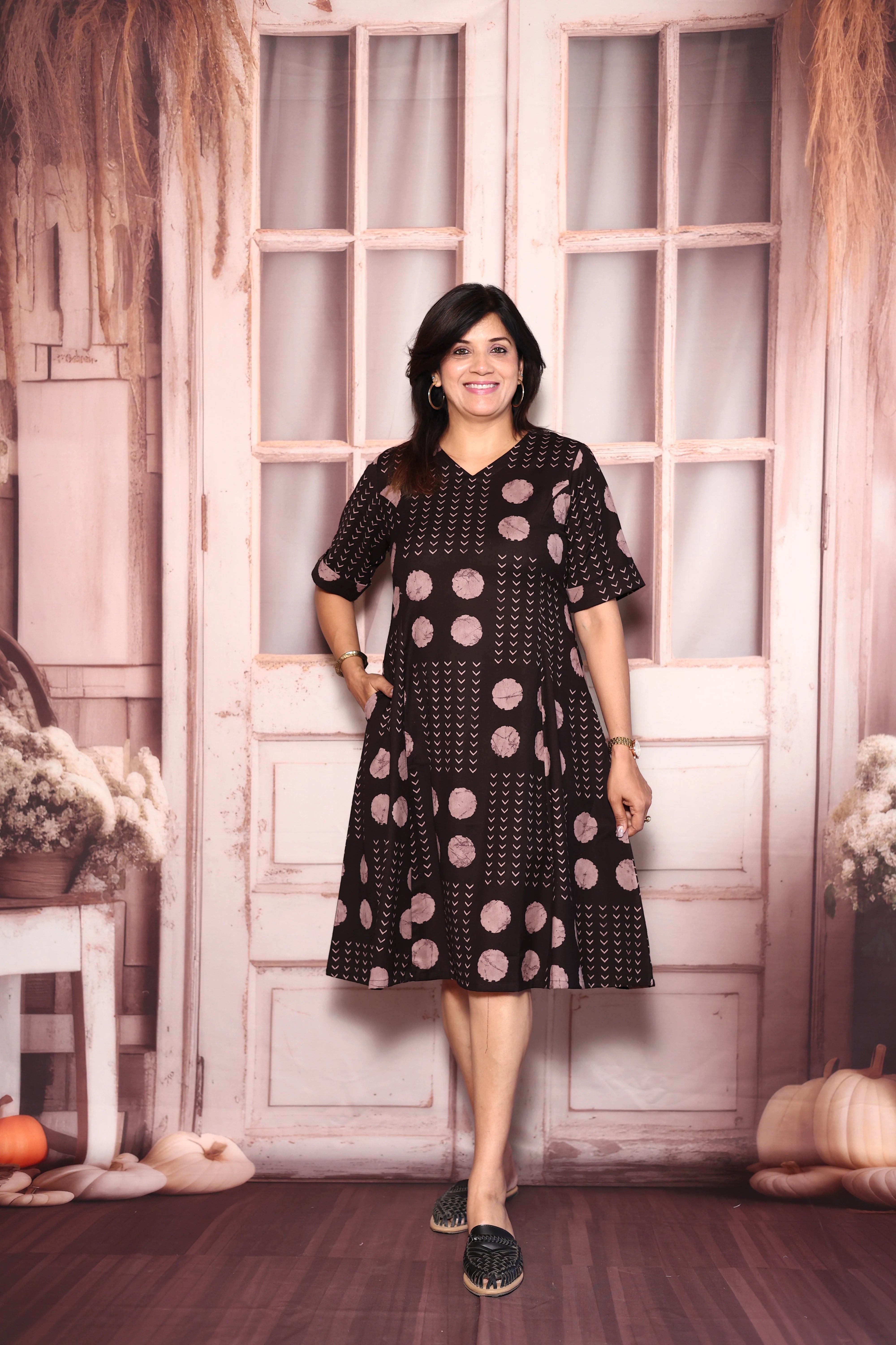Dark Brown Polka Dot Print One Piece Dress | Cotton Casual Wear