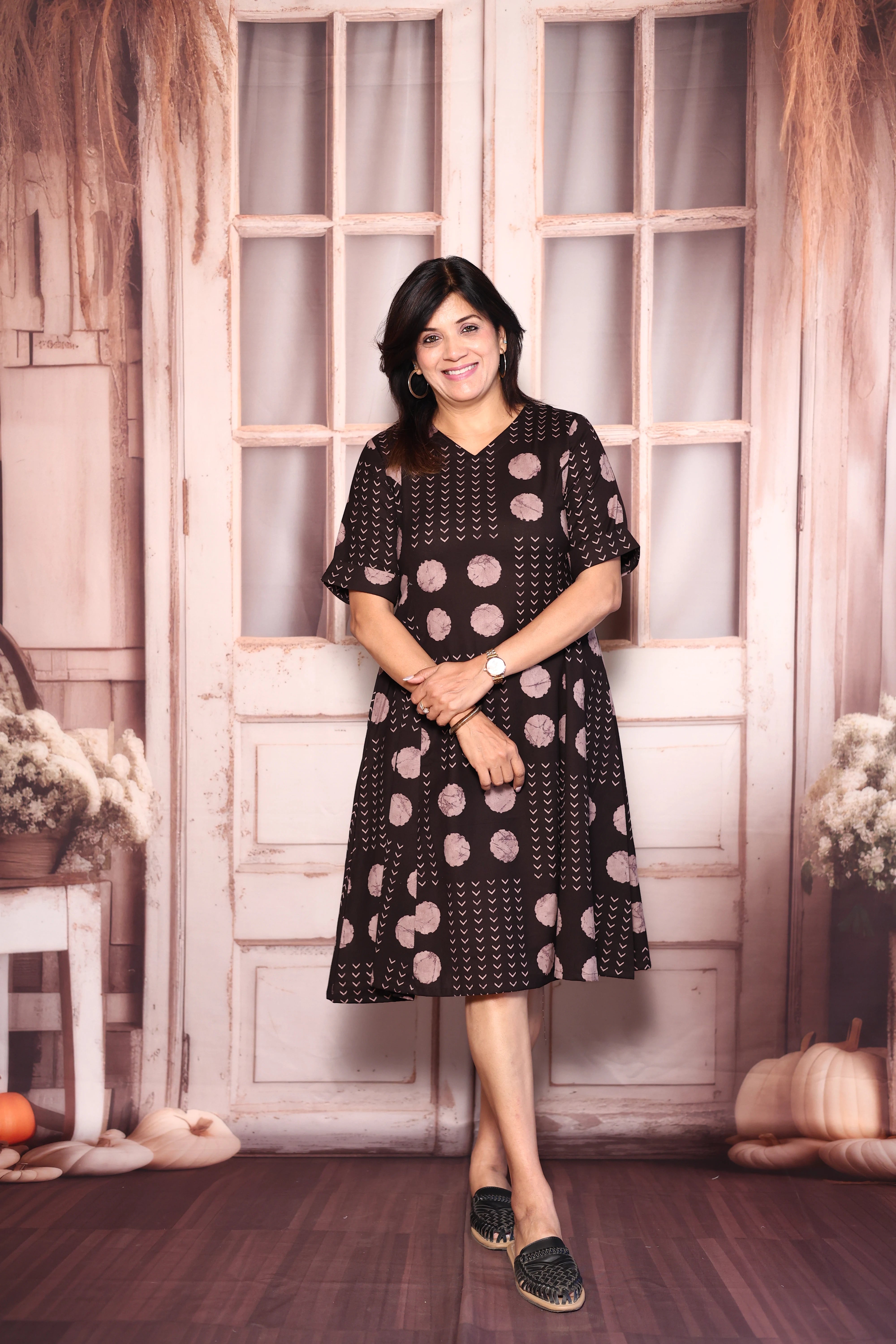 Dark Brown Polka Dot Print One Piece Dress | Cotton Casual Wear