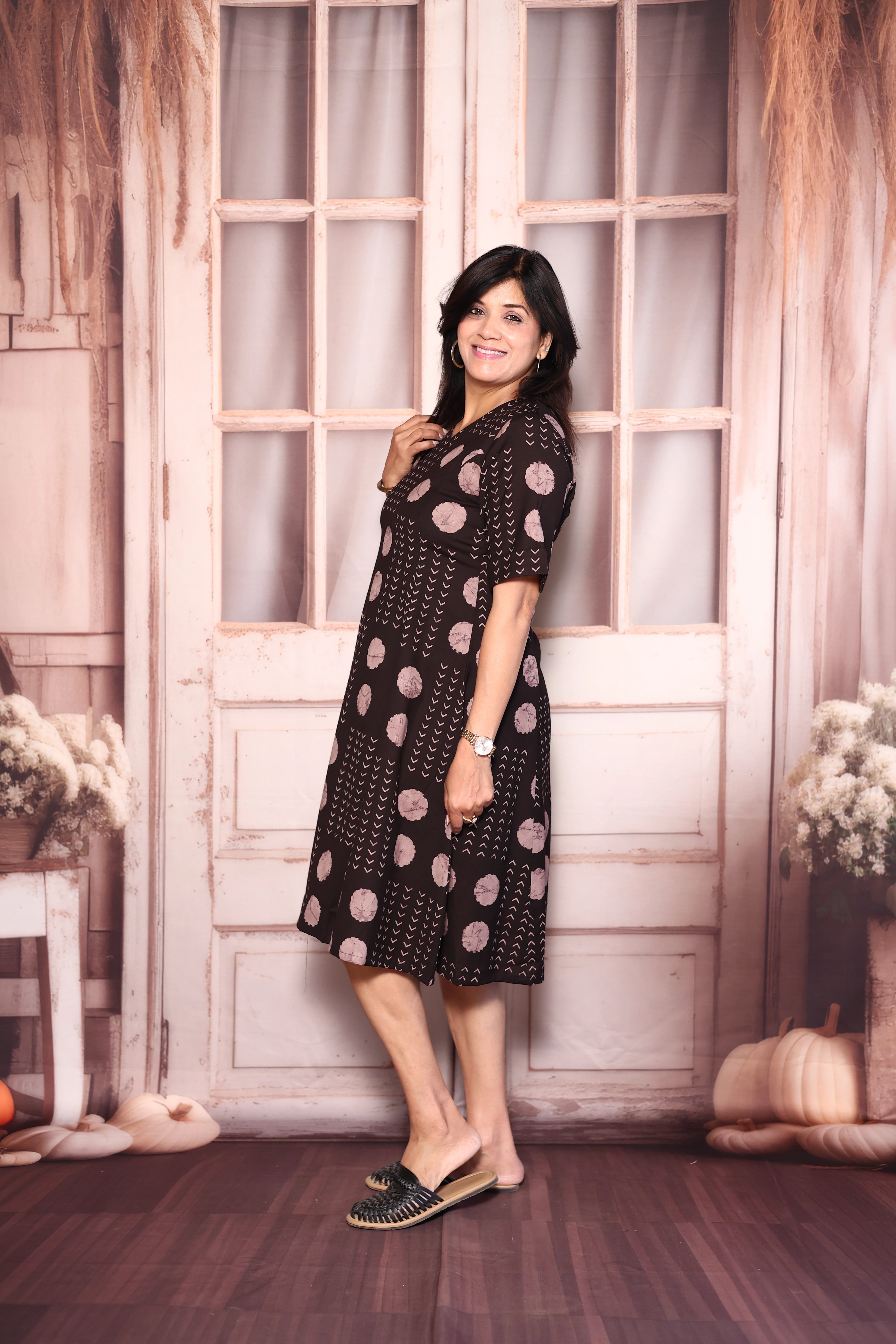 Dark Brown Polka Dot Print One Piece Dress | Cotton Casual Wear