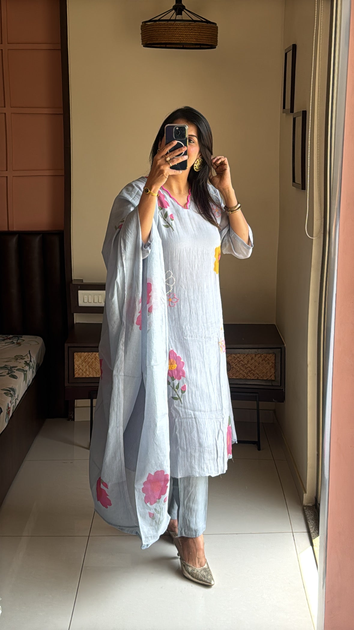 Grey A-Line Kurta with Organza Appliqué Work | Pure Banarasi Mul Chanderi