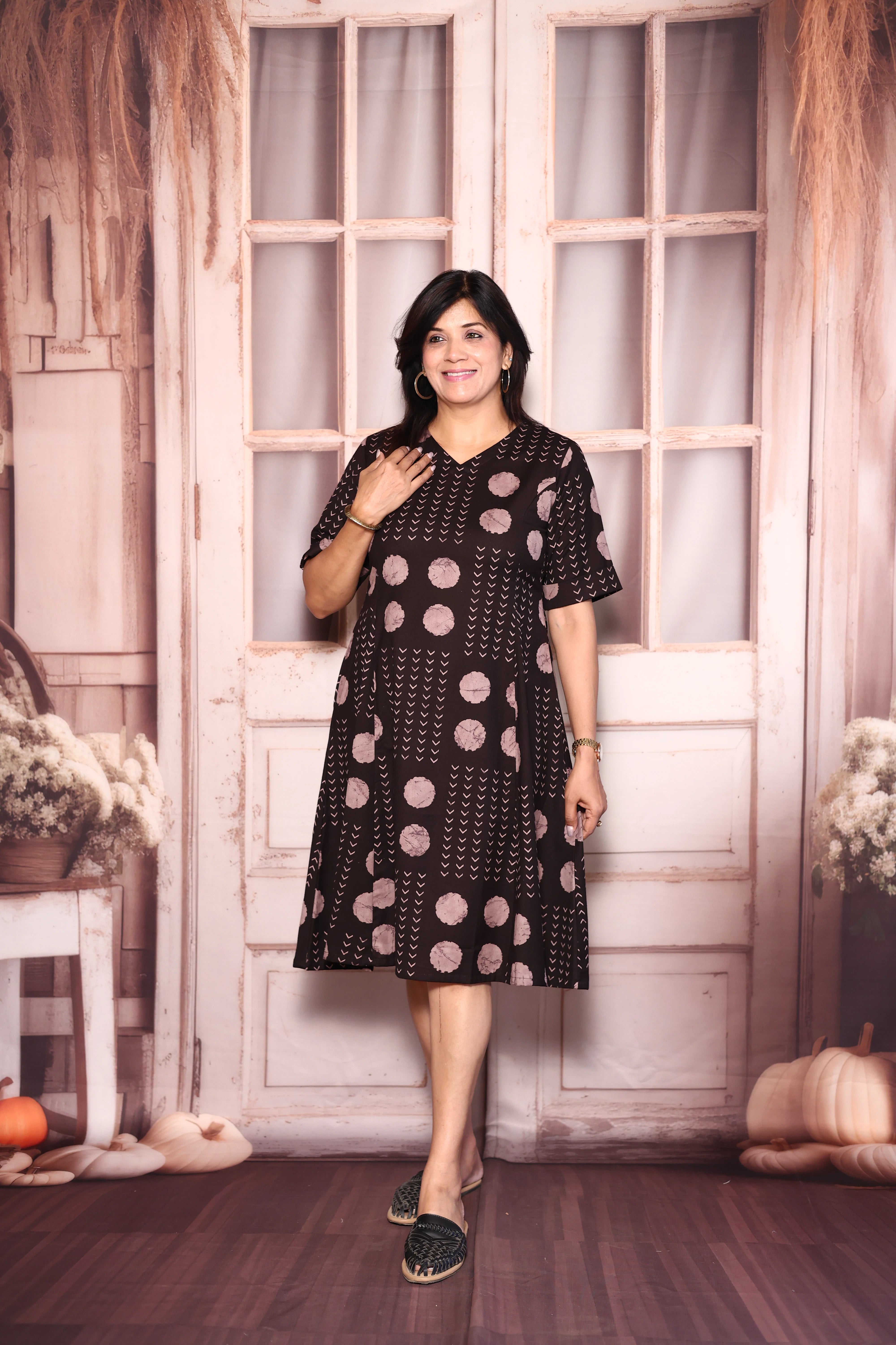 Dark Brown Polka Dot Print One Piece Dress | Cotton Casual Wear