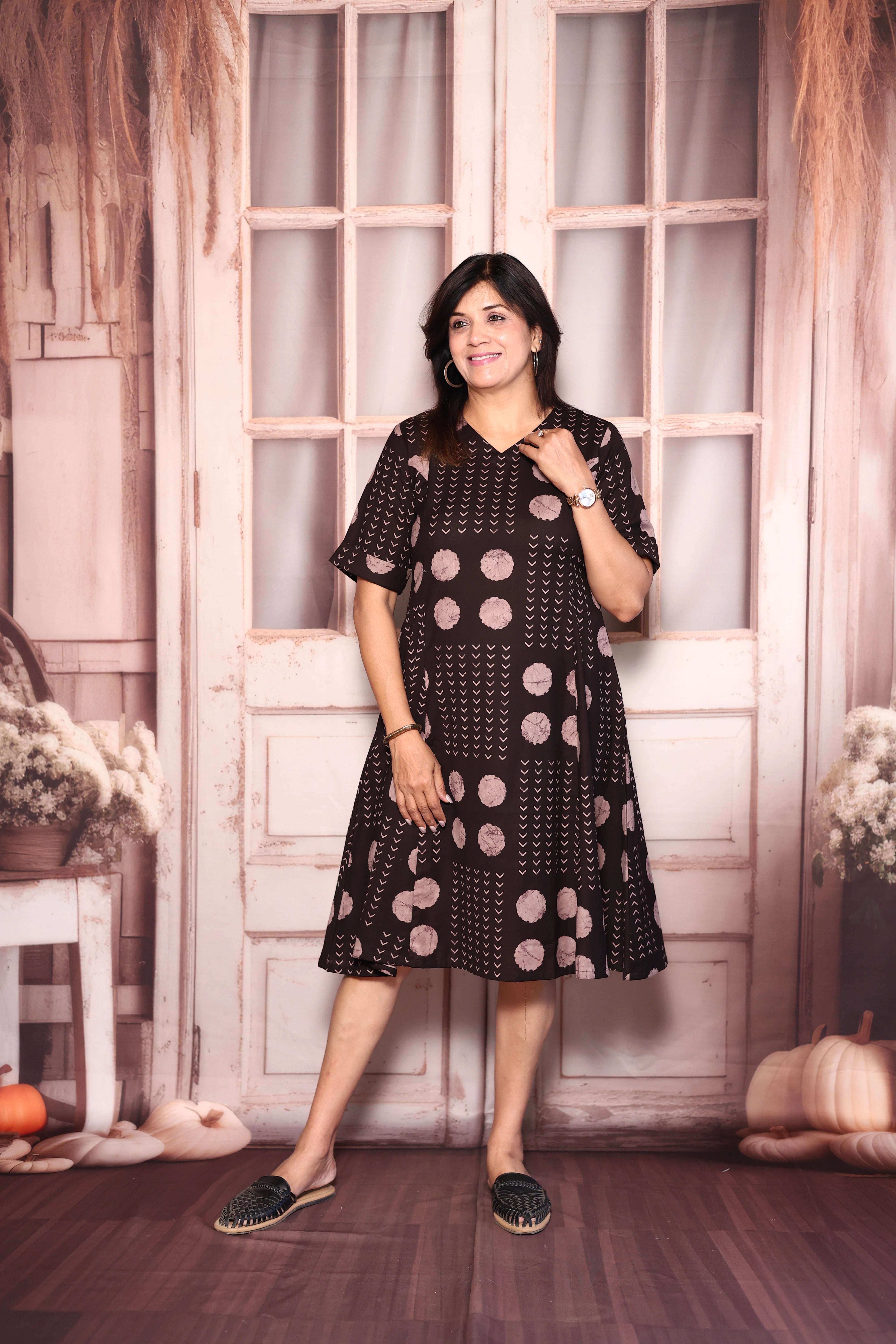 Dark Brown Polka Dot Print One Piece Dress | Cotton Casual Wear