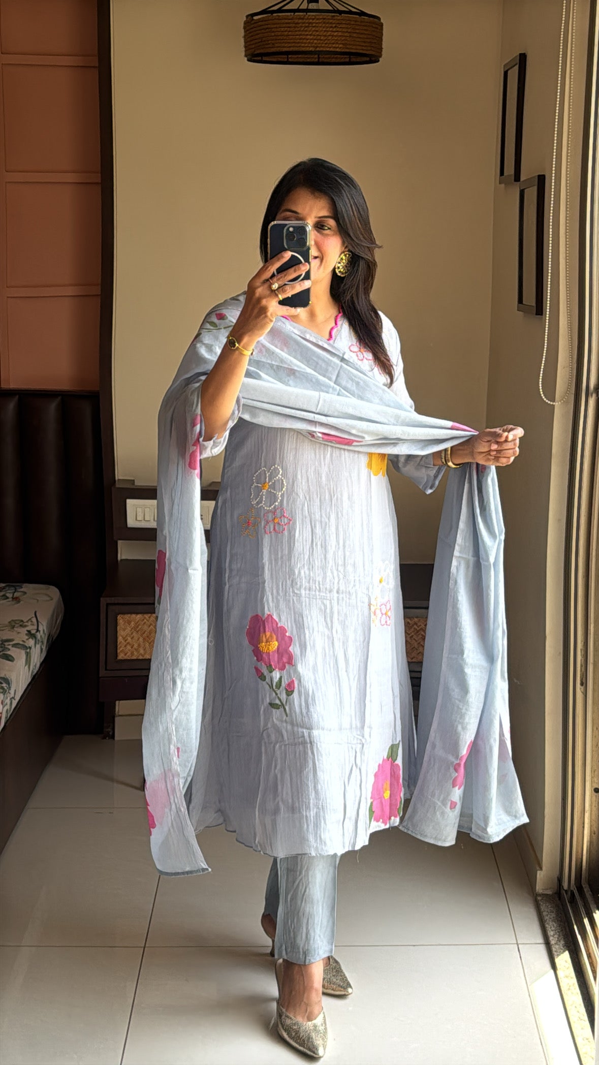 Grey A-Line Kurta with Organza Appliqué Work | Pure Banarasi Mul Chanderi