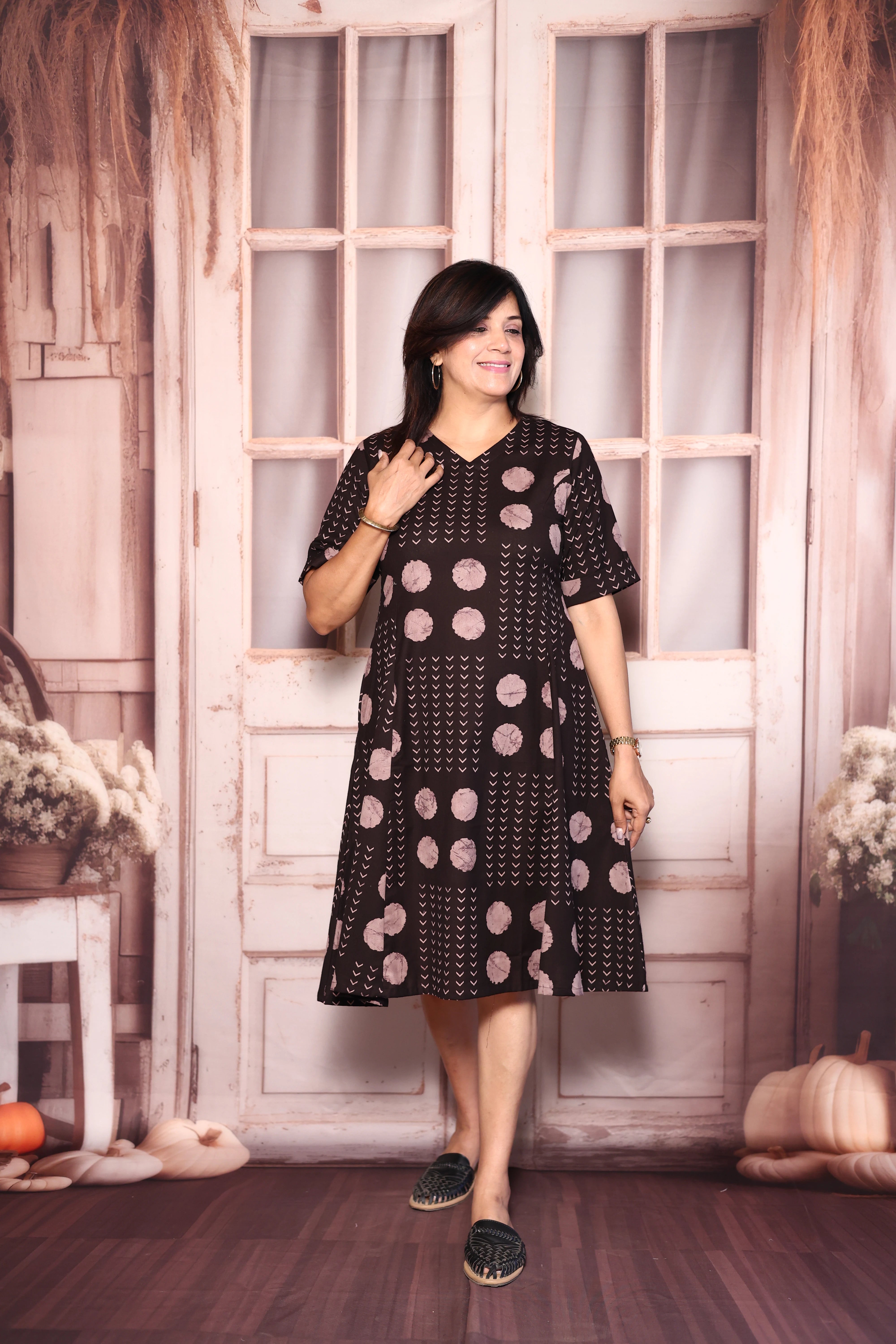 Dark Brown Polka Dot Print One Piece Dress | Cotton Casual Wear