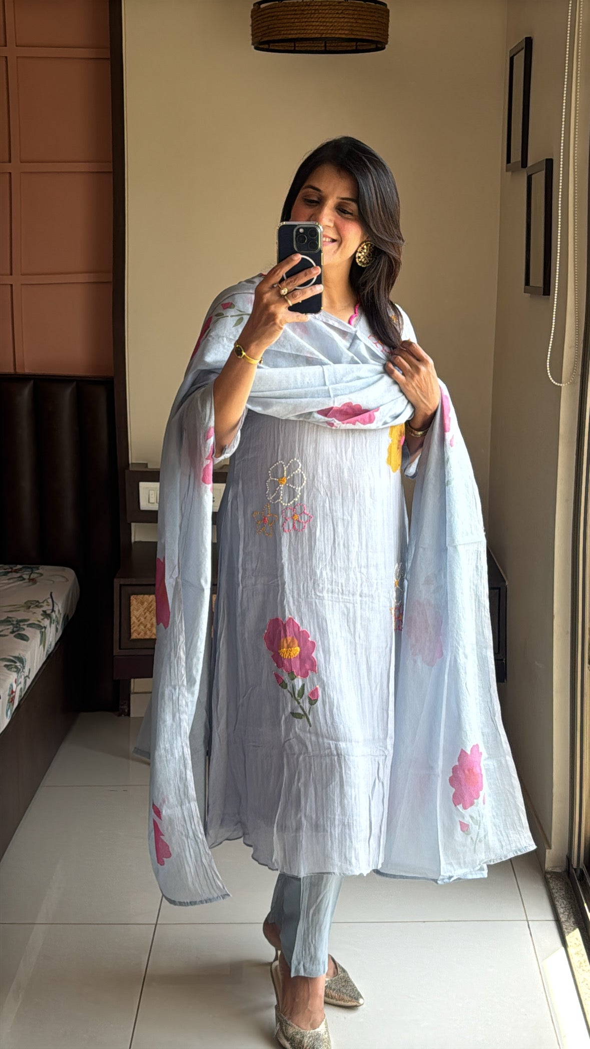 Grey A-Line Kurta with Organza Appliqué Work | Pure Banarasi Mul Chanderi