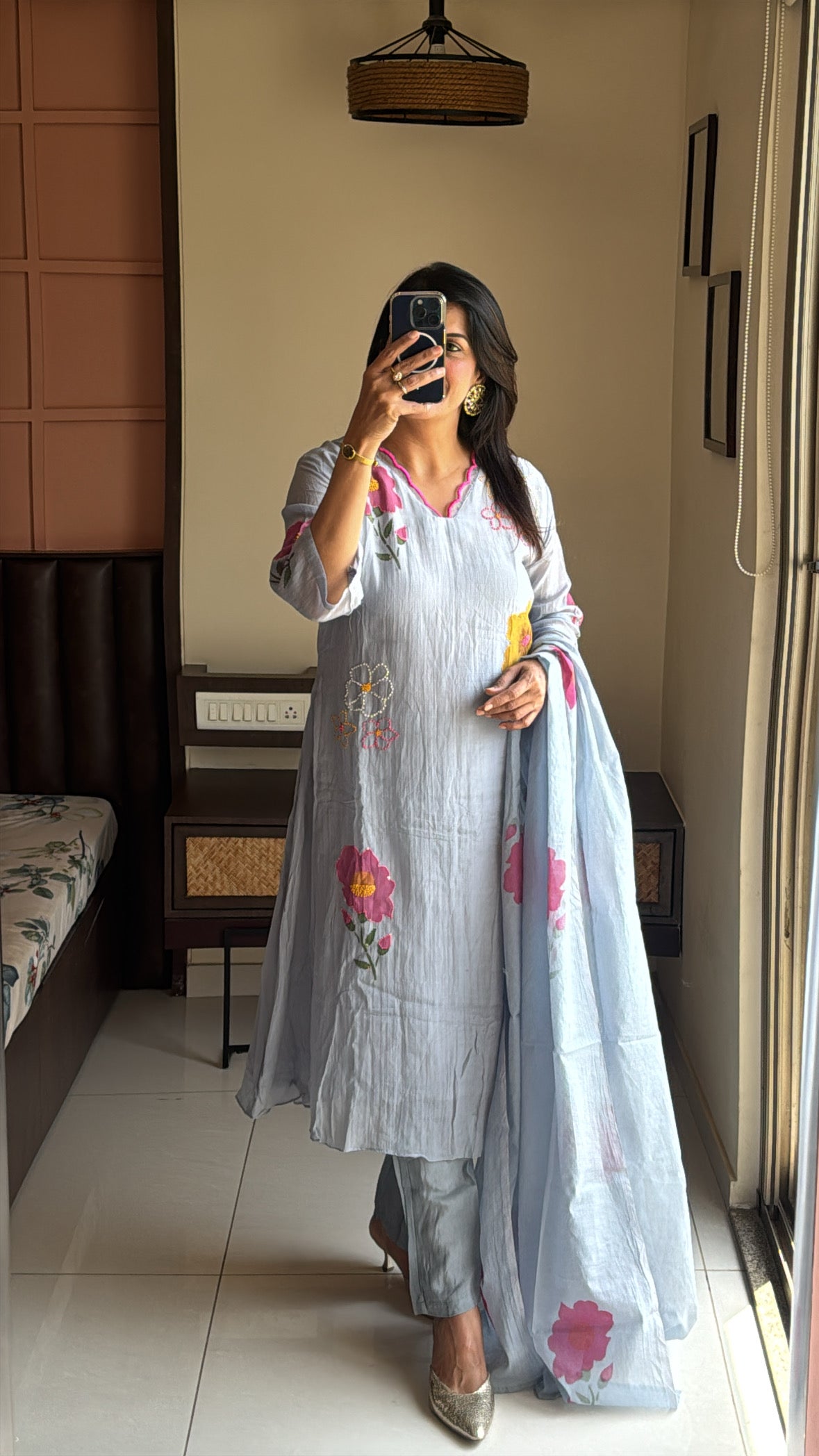 Grey A-Line Kurta with Organza Appliqué Work | Pure Banarasi Mul Chanderi