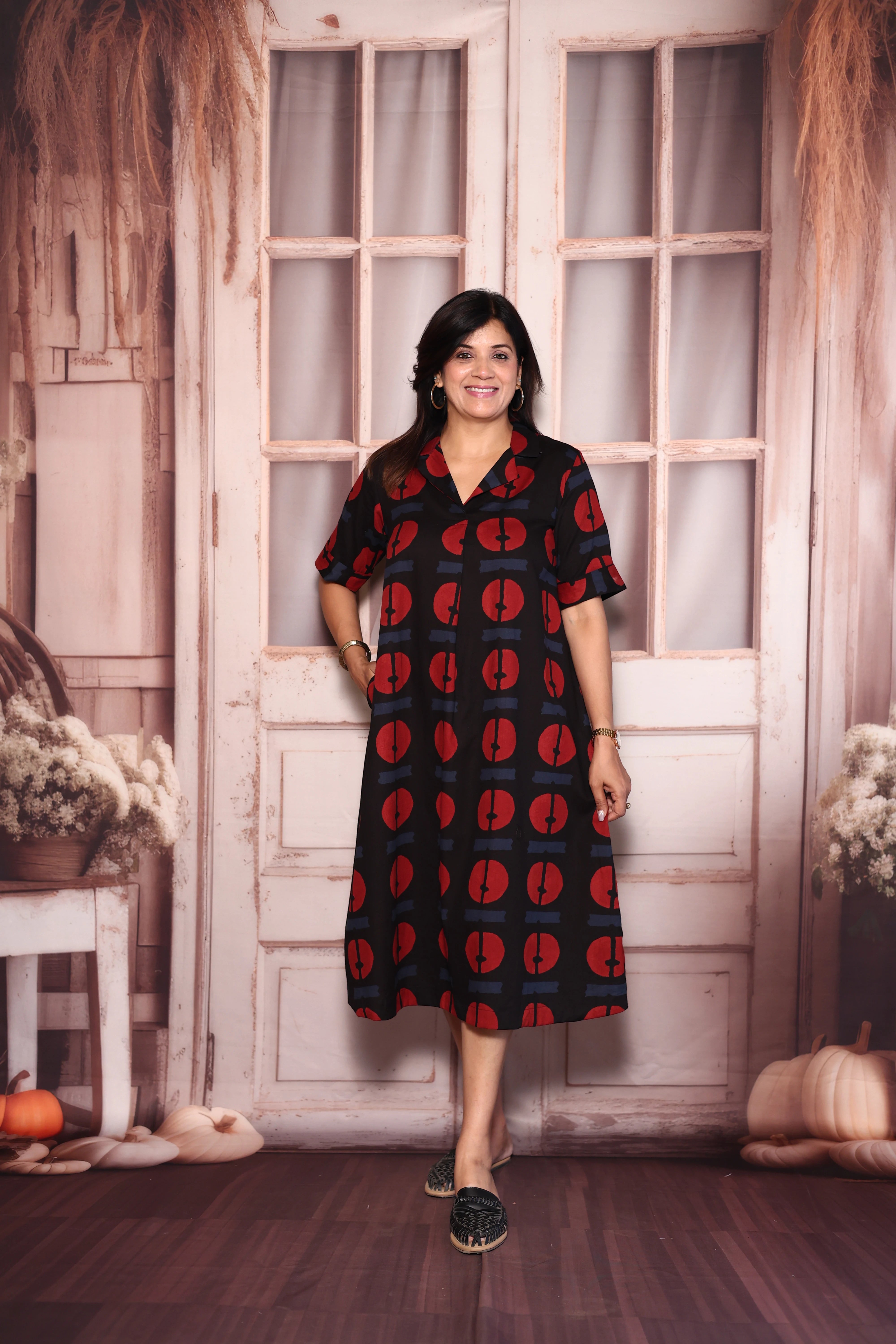 Black Collared Printed One Piece Dress | Cotton Casual Wear
