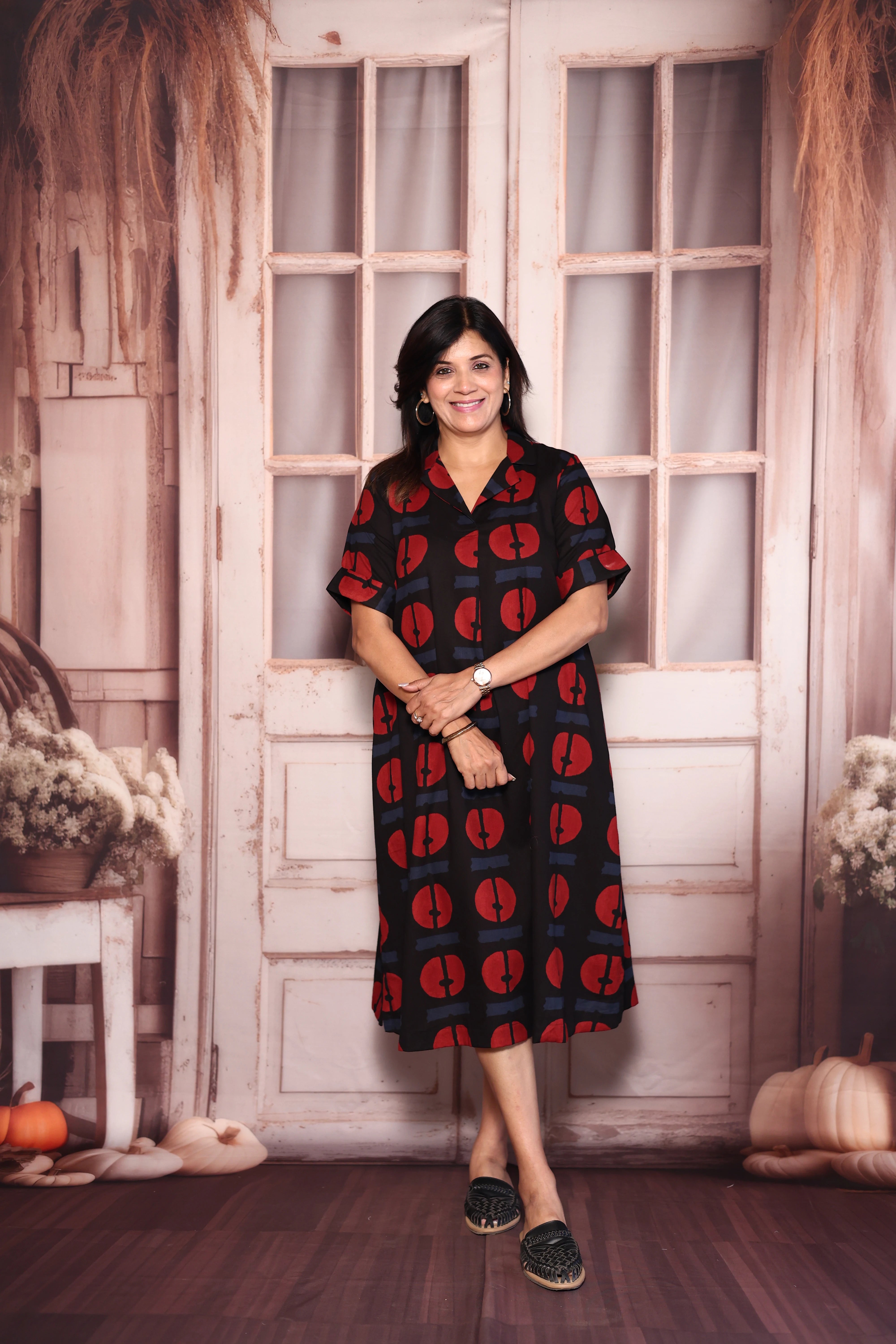 Black Collared Printed One Piece Dress | Cotton Casual Wear