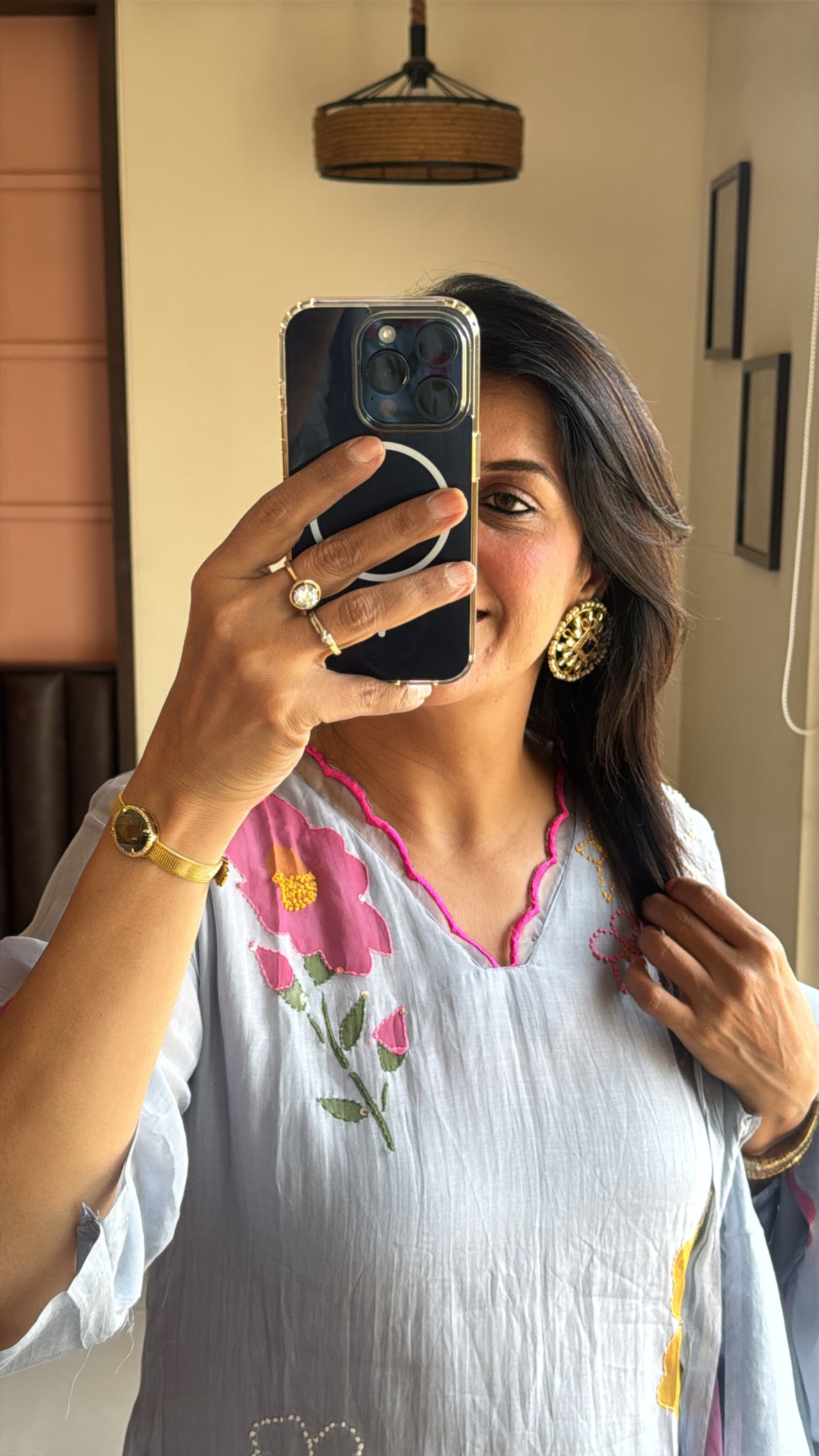 Grey A-Line Kurta with Organza Appliqué Work | Pure Banarasi Mul Chanderi