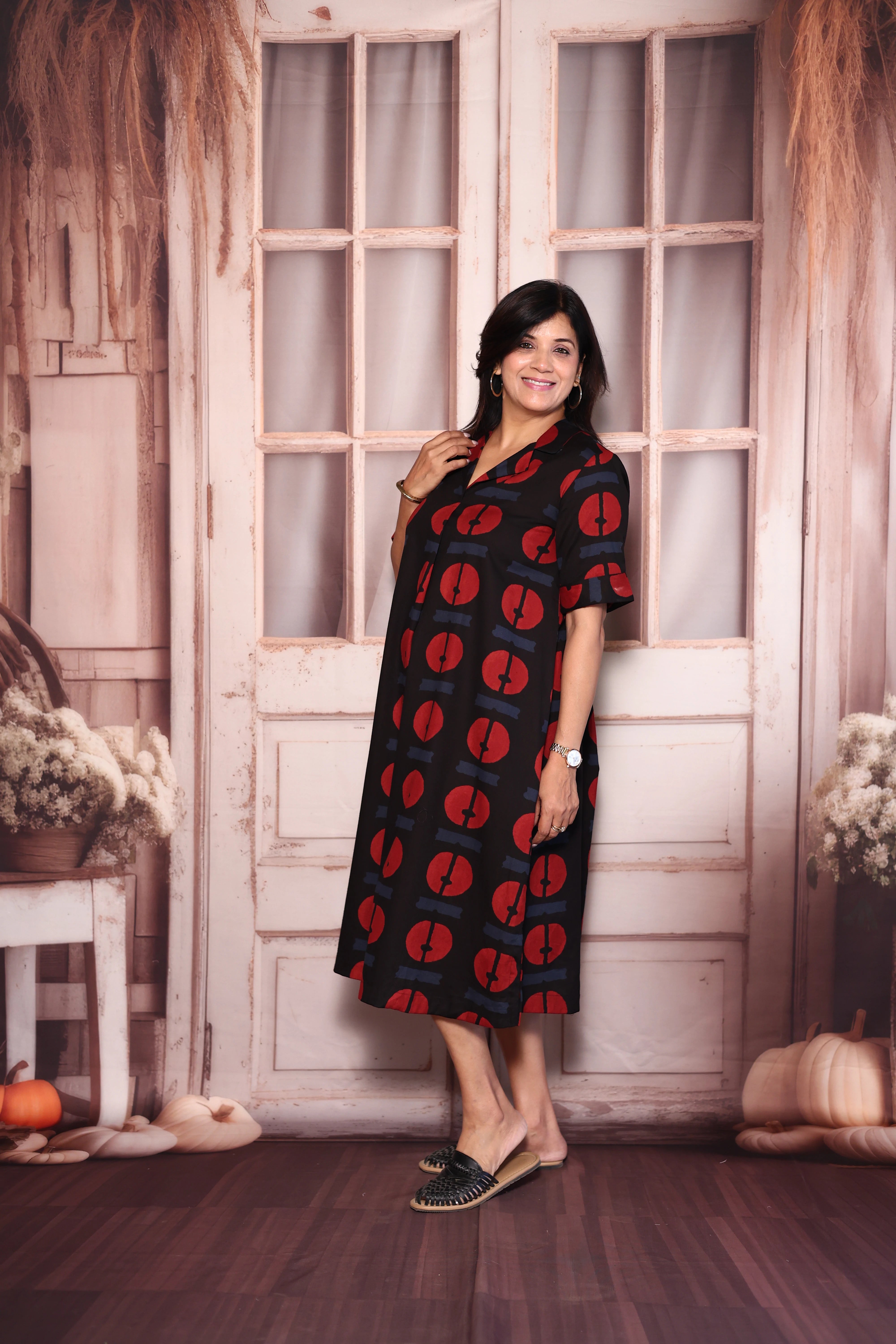 Black Collared Printed One Piece Dress | Cotton Casual Wear