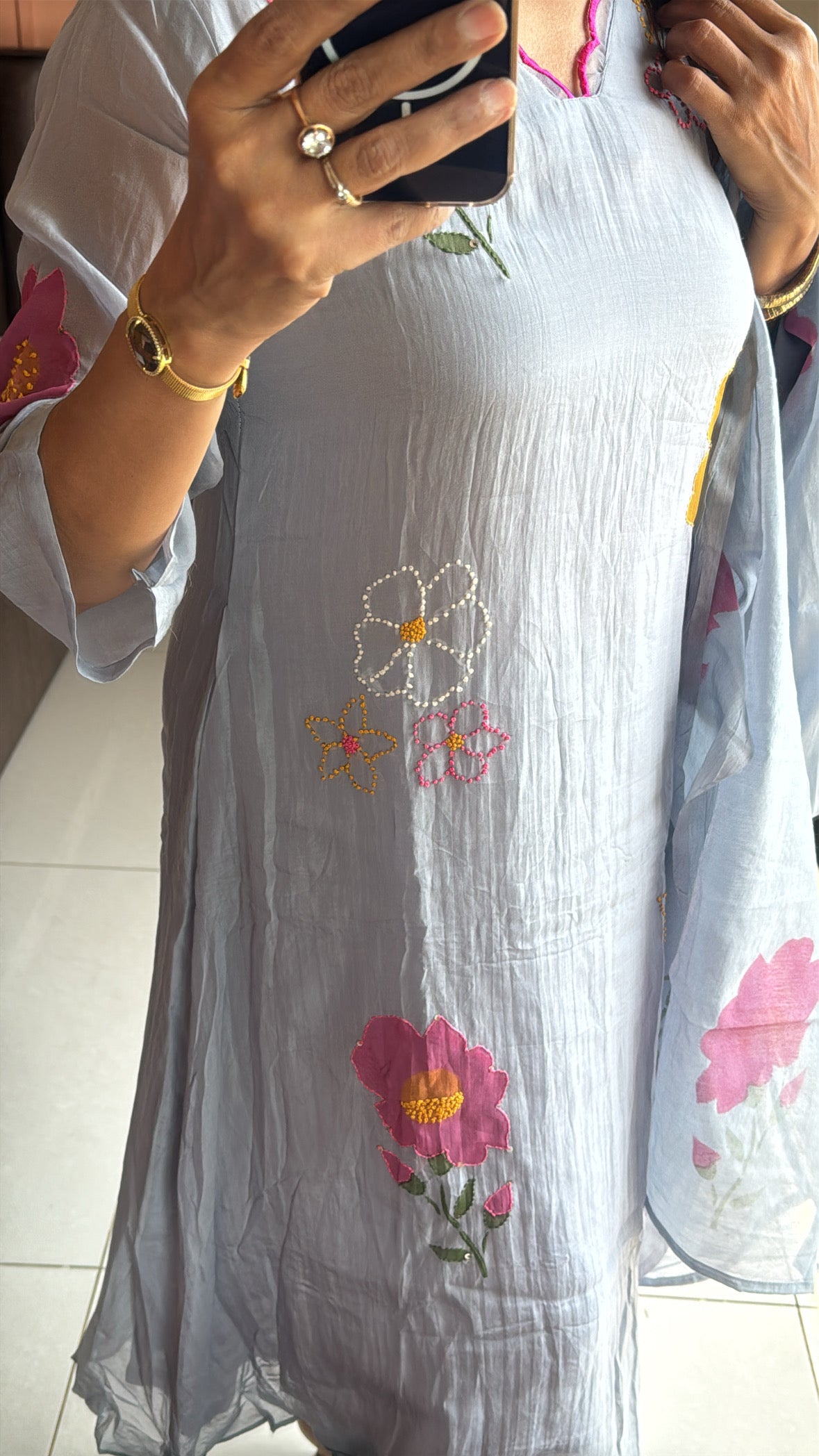 Grey A-Line Kurta with Organza Appliqué Work | Pure Banarasi Mul Chanderi
