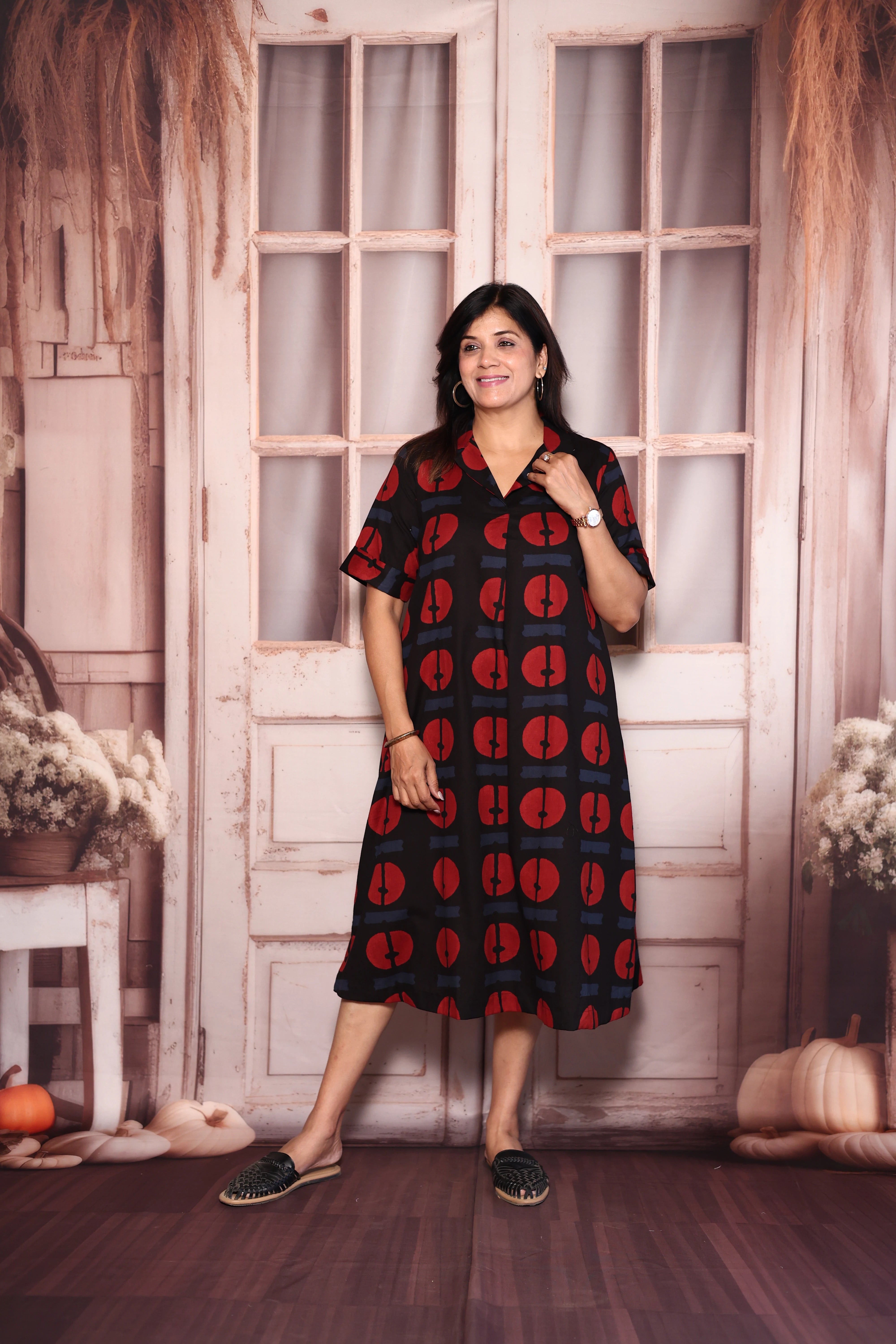 Black Collared Printed One Piece Dress | Cotton Casual Wear