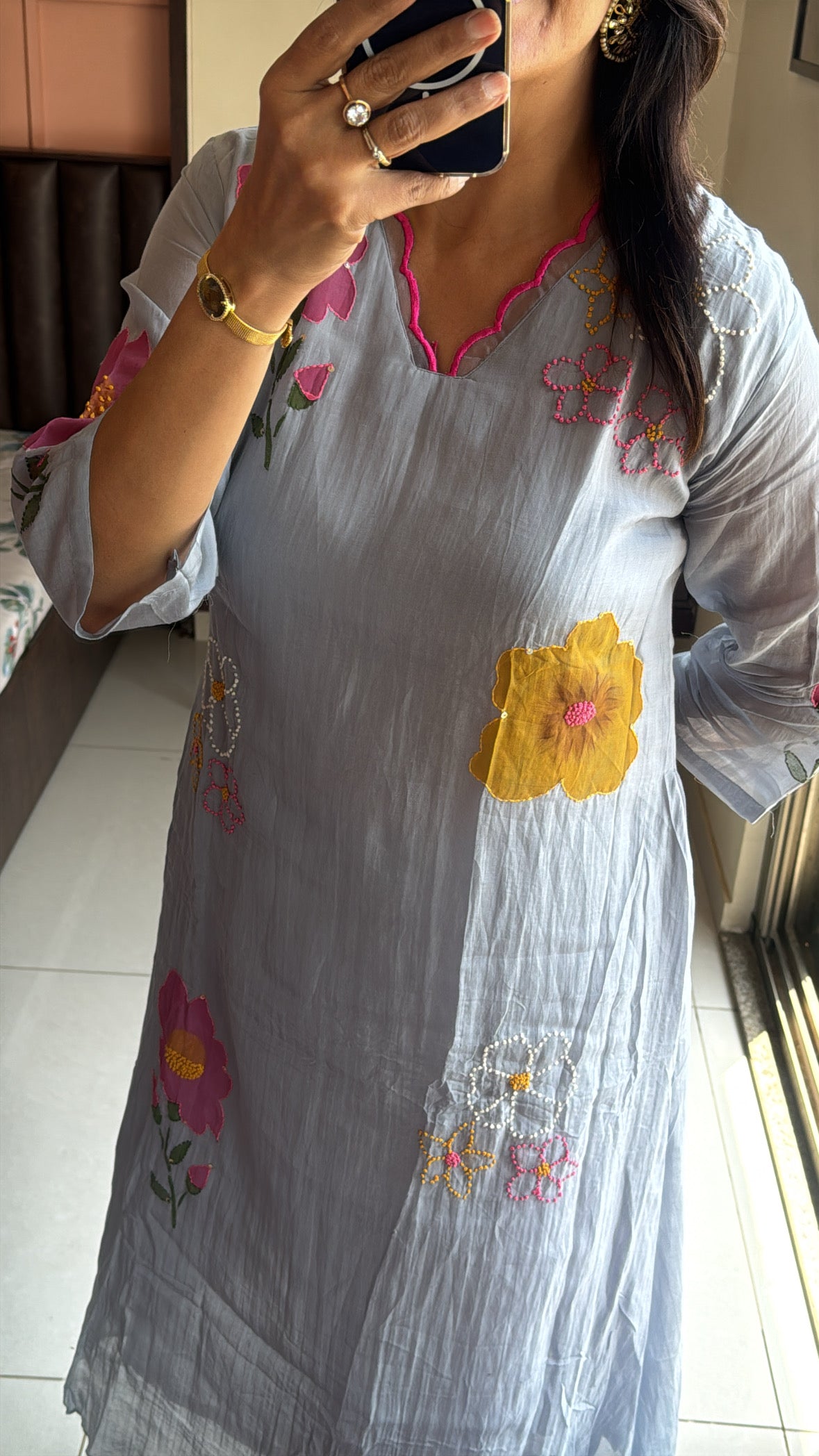 Grey A-Line Kurta with Organza Appliqué Work | Pure Banarasi Mul Chanderi