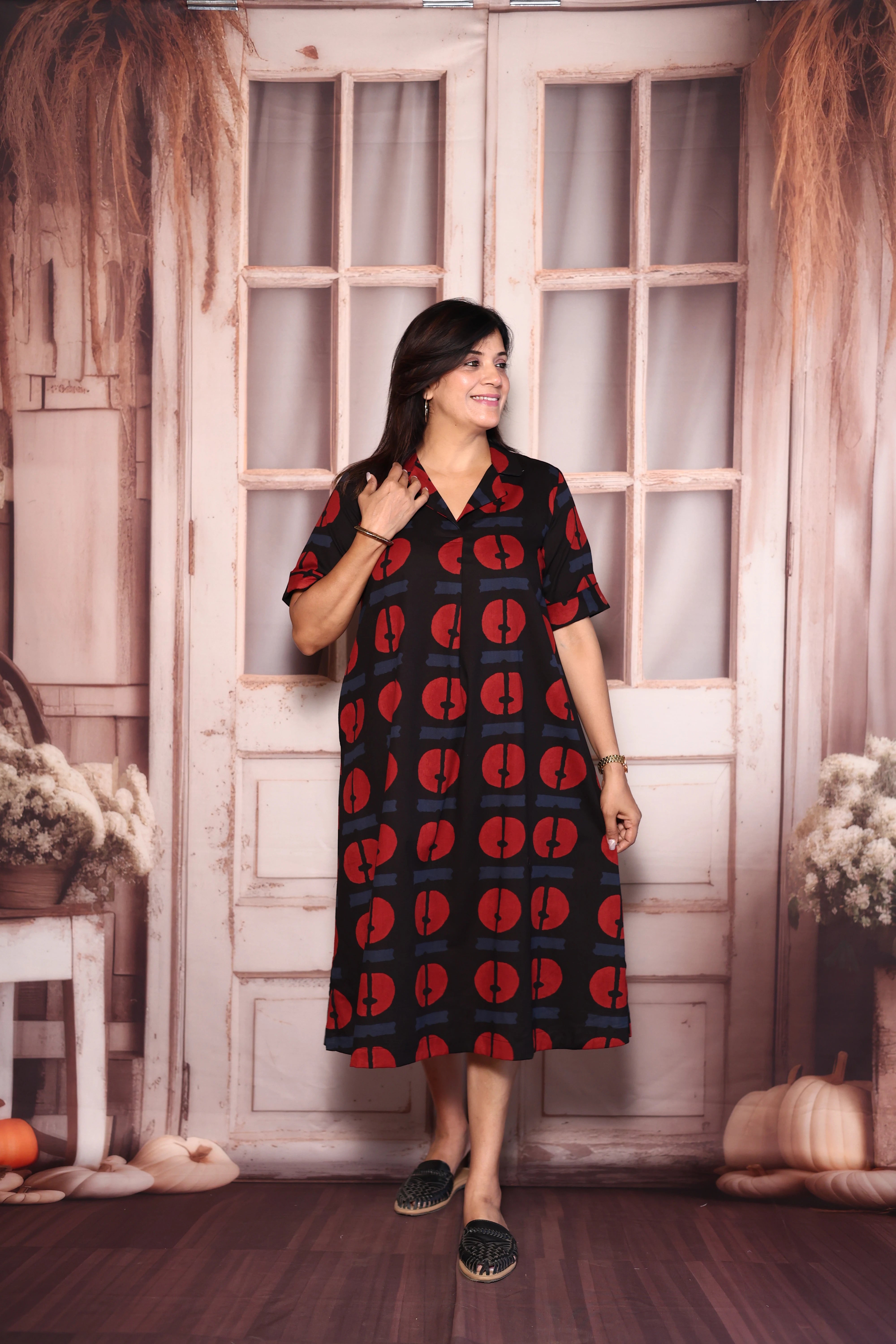 Black Collared Printed One Piece Dress | Cotton Casual Wear