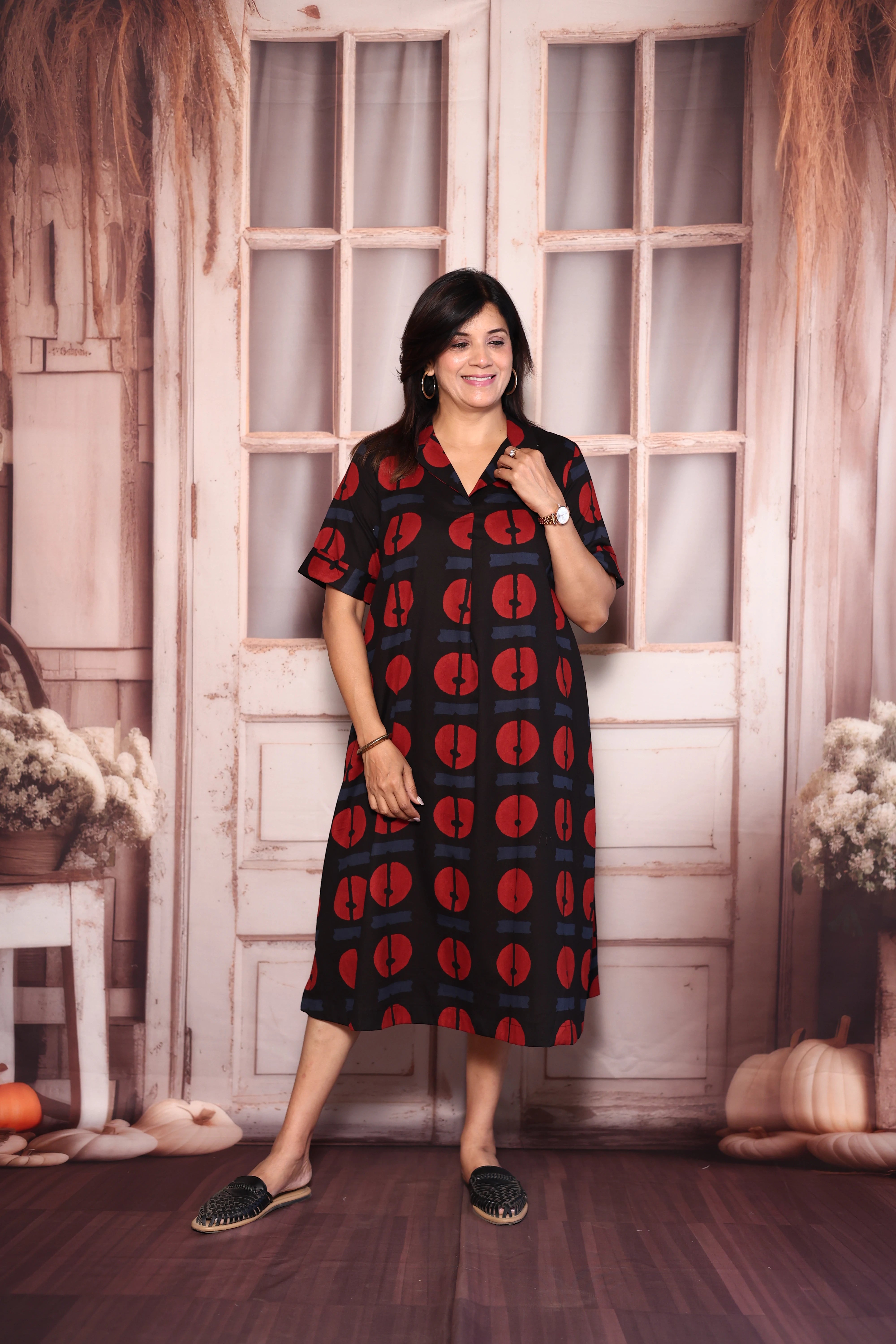 Black Collared Printed One Piece Dress | Cotton Casual Wear