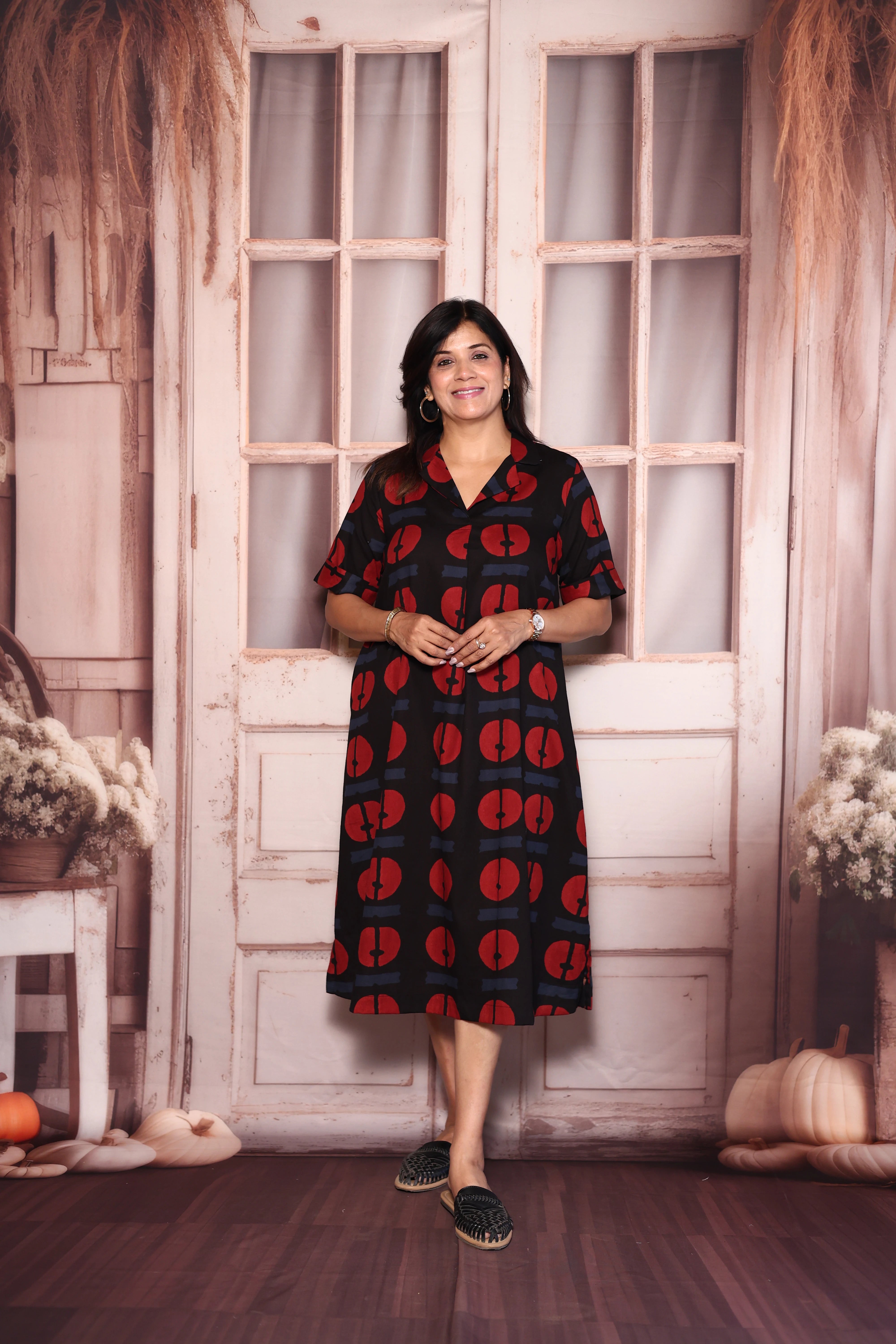 Black Collared Printed One Piece Dress | Cotton Casual Wear