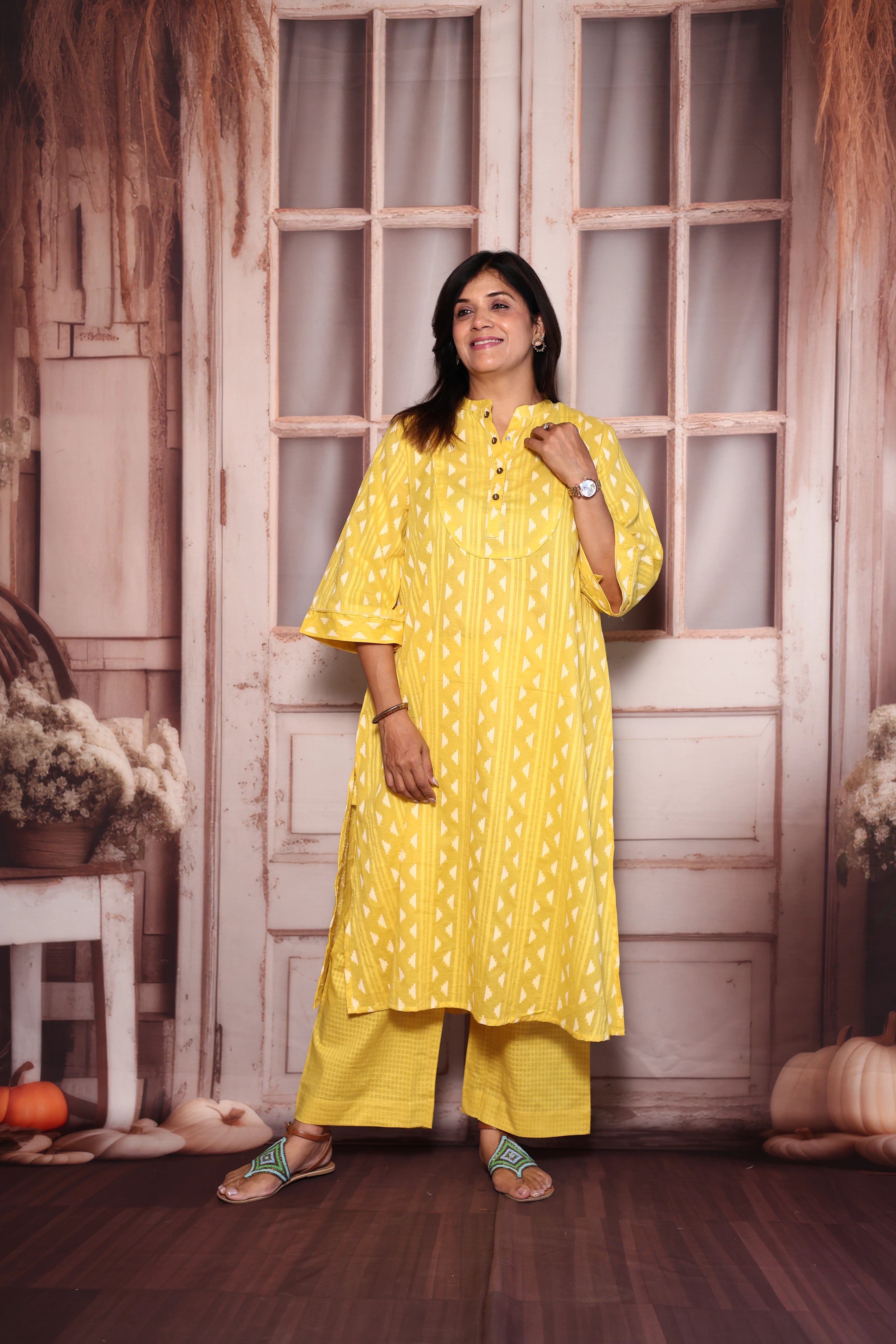 Yellow Ikat Print A-Line Kurti Palazzo Set | Cotton Ethnic Wear