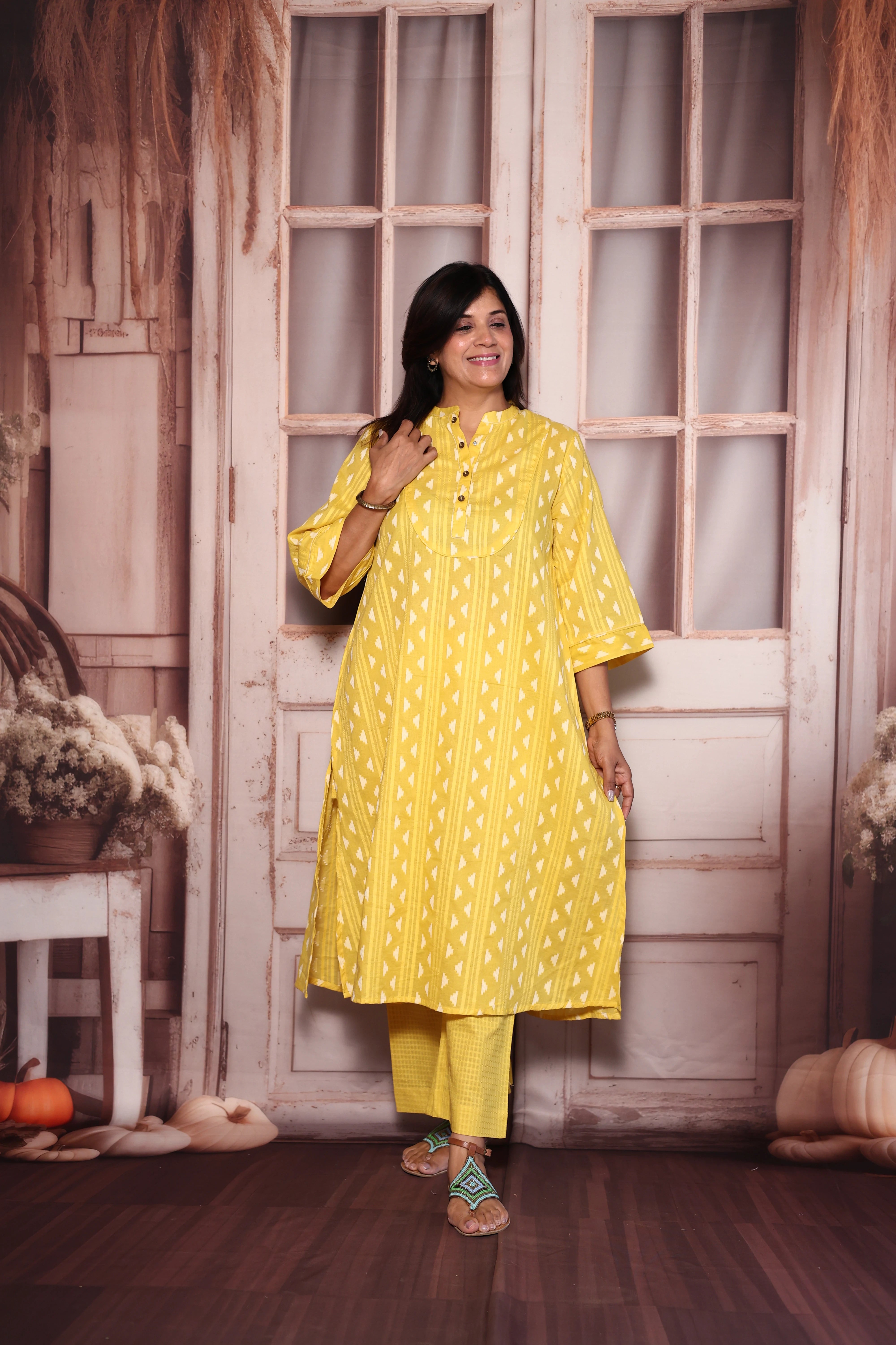 Yellow Ikat Print A-Line Kurti Palazzo Set | Cotton Ethnic Wear