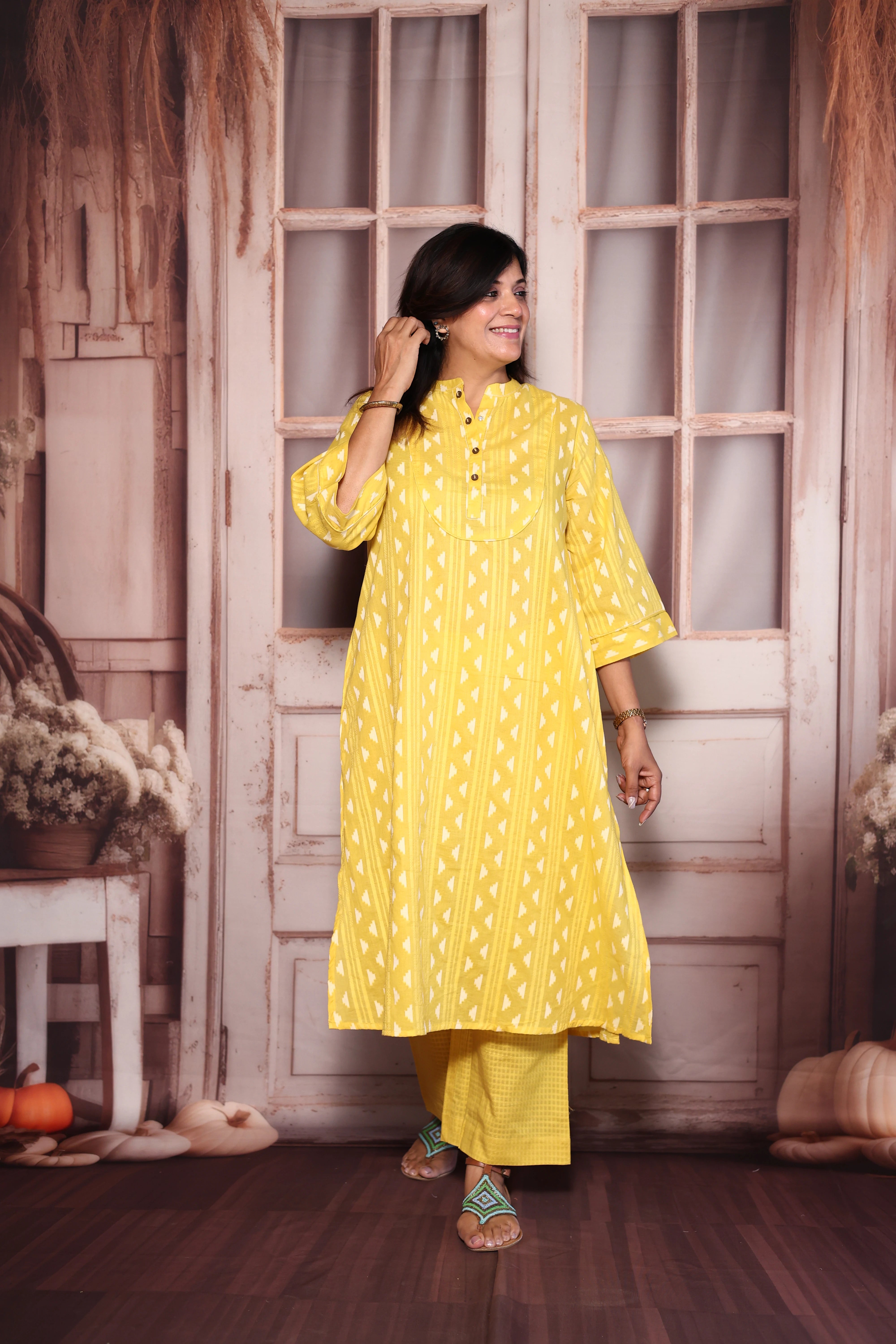 Yellow Ikat Print A-Line Kurti Palazzo Set | Cotton Ethnic Wear