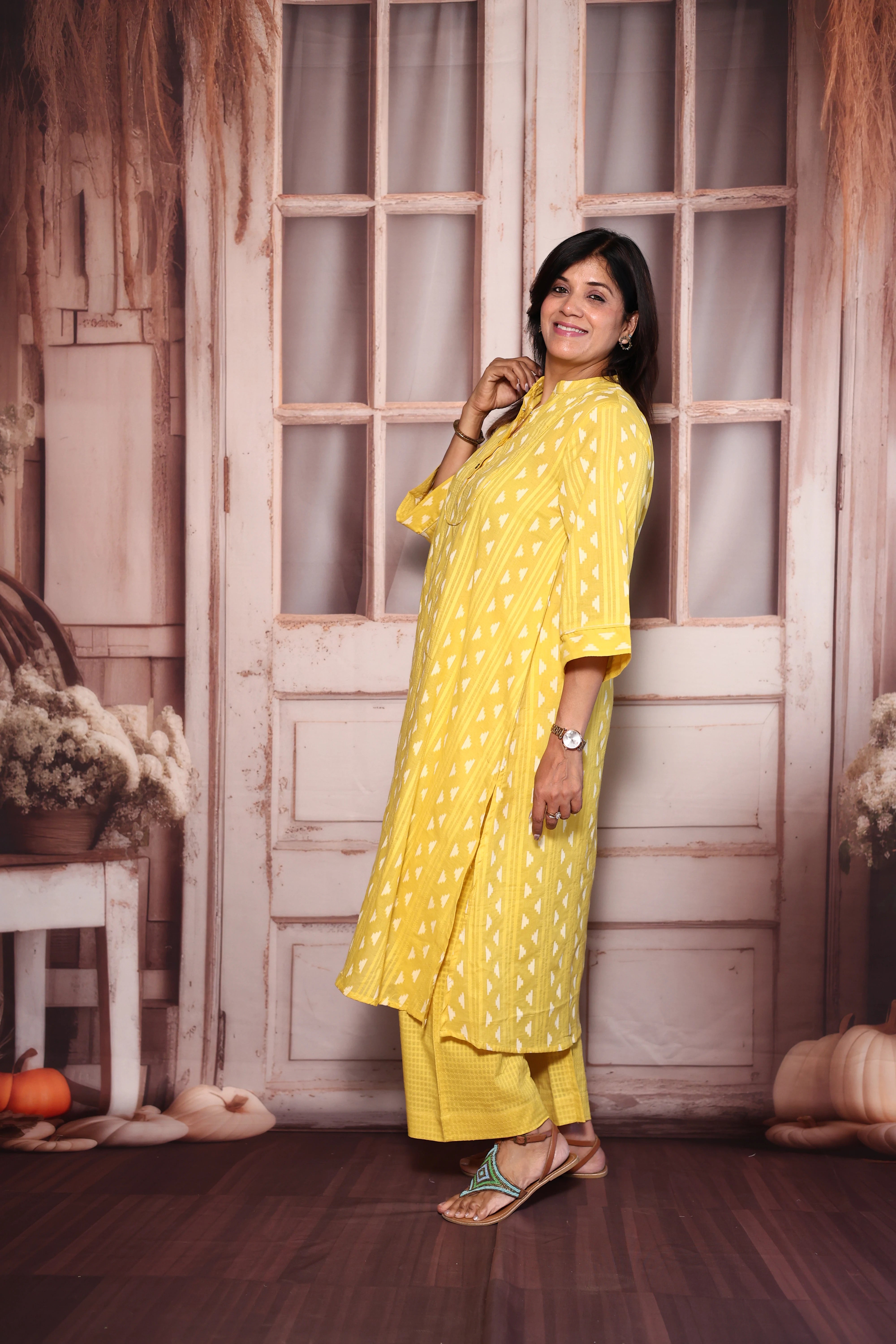 Yellow Ikat Print A-Line Kurti Palazzo Set | Cotton Ethnic Wear