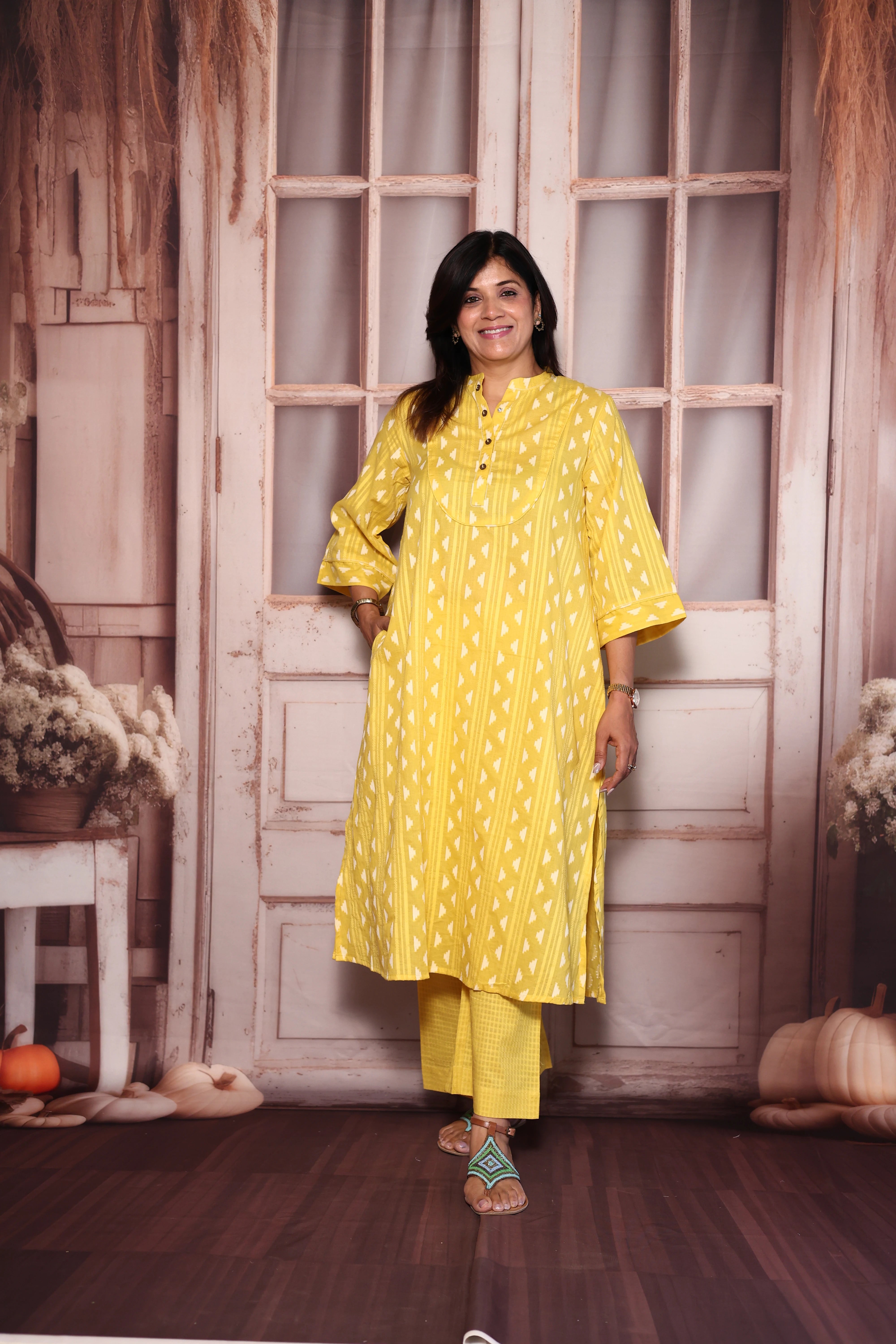 Yellow Ikat Print A-Line Kurti Palazzo Set | Cotton Ethnic Wear