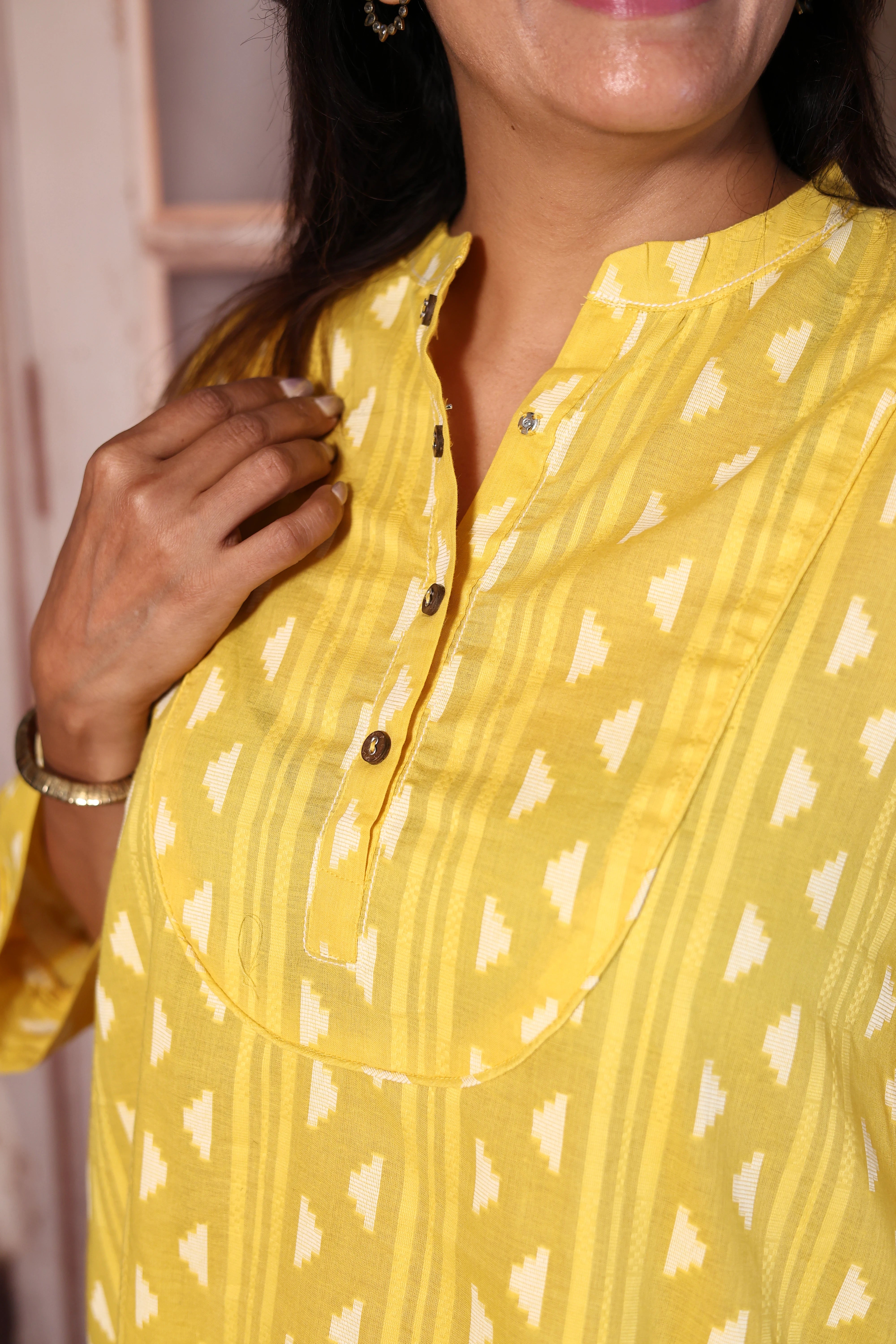 Yellow Ikat Print A-Line Kurti Palazzo Set | Cotton Ethnic Wear
