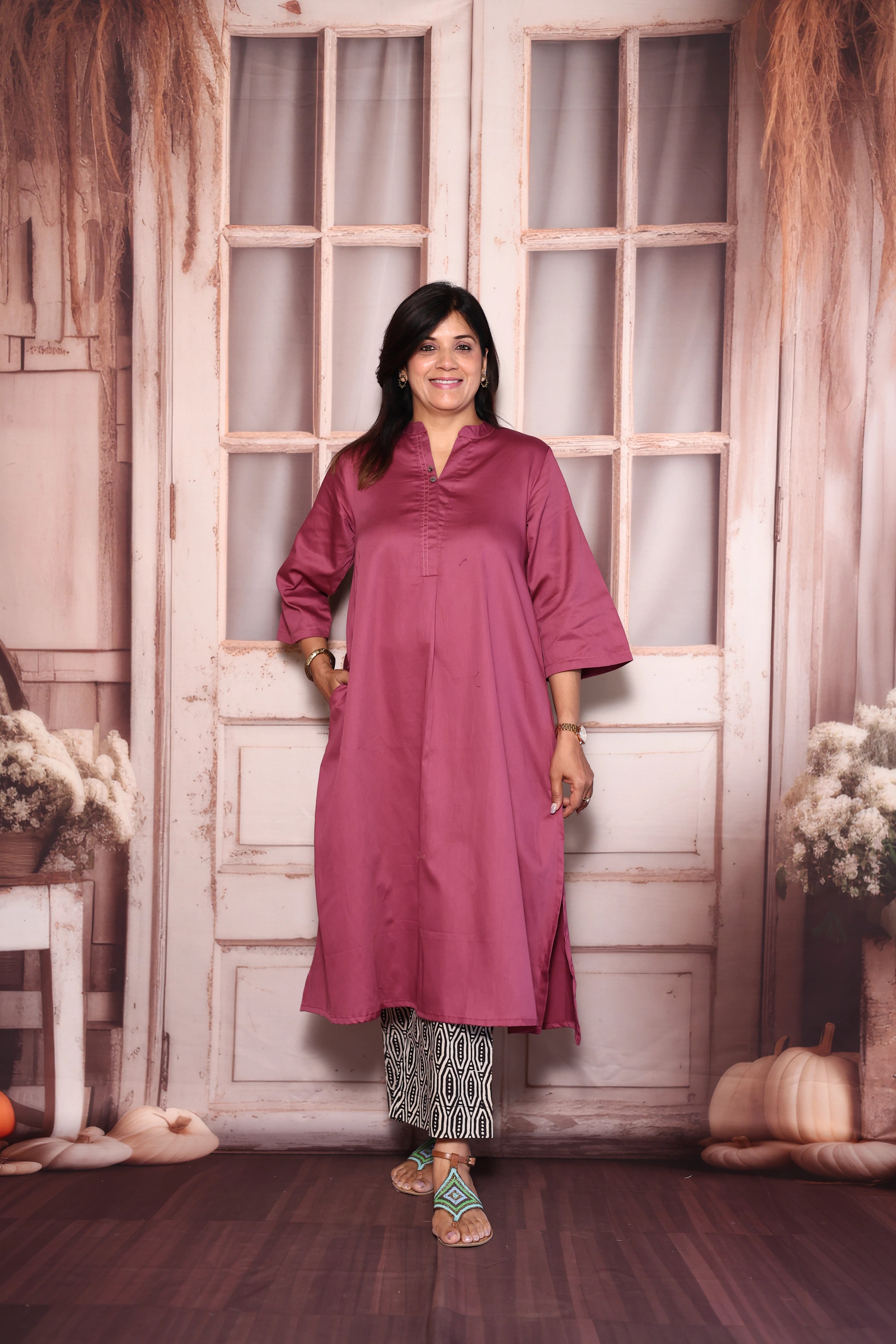 Plum Purple A-Line Kurti with Printed Palazzo Set | Cotton Ethnic Wear
