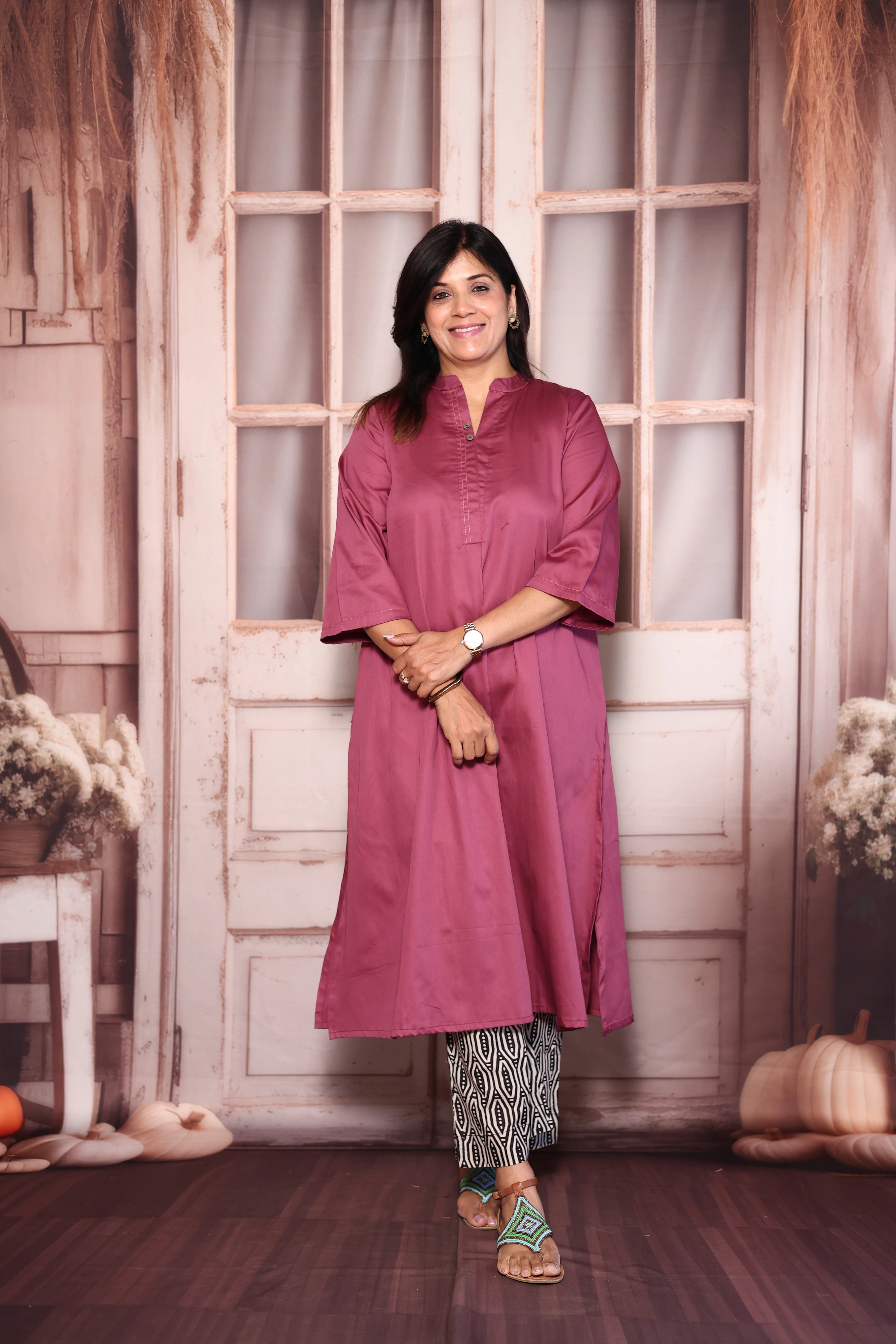 Plum Purple A-Line Kurti with Printed Palazzo Set | Cotton Ethnic Wear