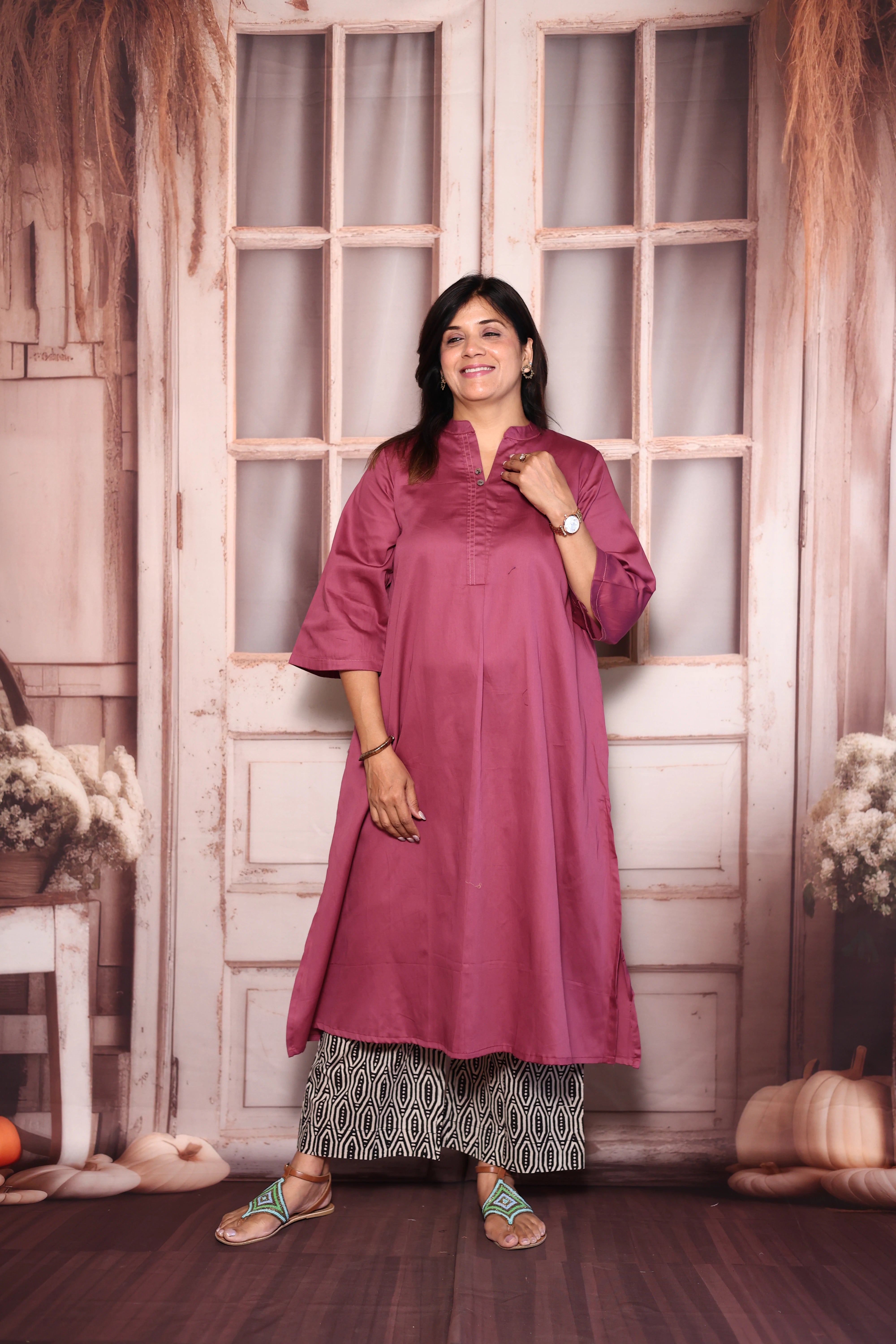 Plum Purple A-Line Kurti with Printed Palazzo Set | Cotton Ethnic Wear