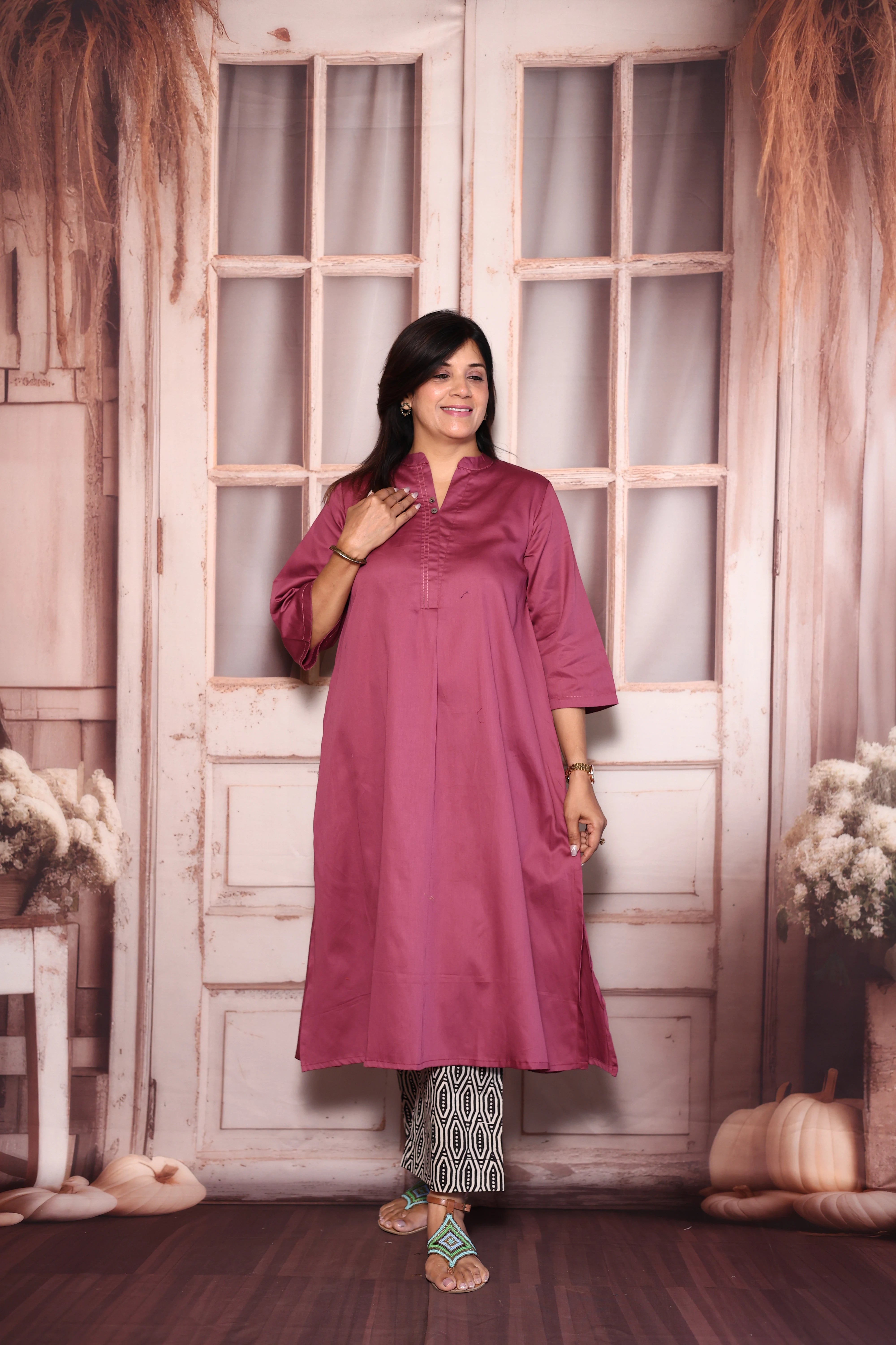 Plum Purple A-Line Kurti with Printed Palazzo Set | Cotton Ethnic Wear