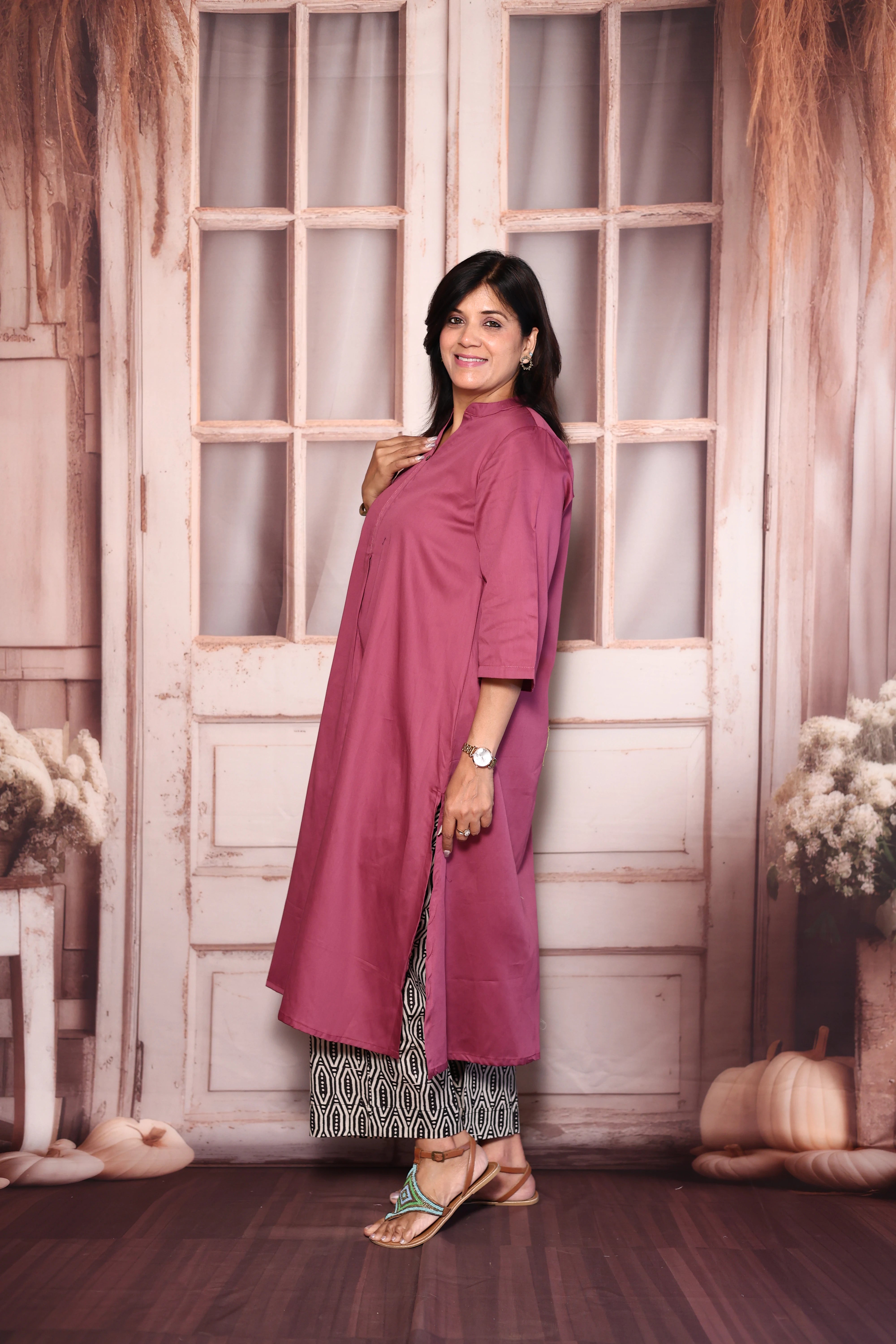 Plum Purple A-Line Kurti with Printed Palazzo Set | Cotton Ethnic Wear