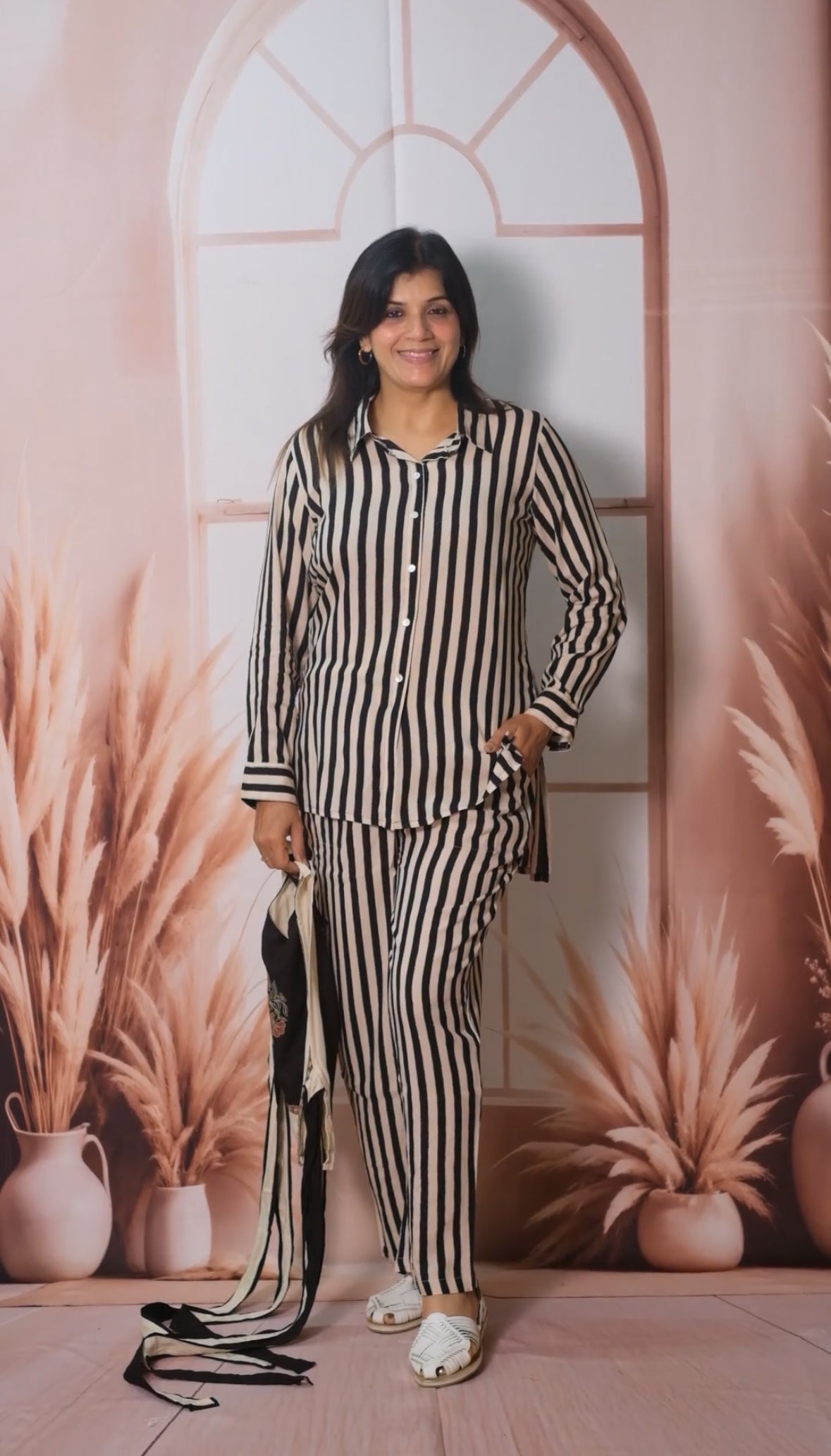 3 Piece Stripe Printed Rayon Co-ord Set with Jacket & Embroidery